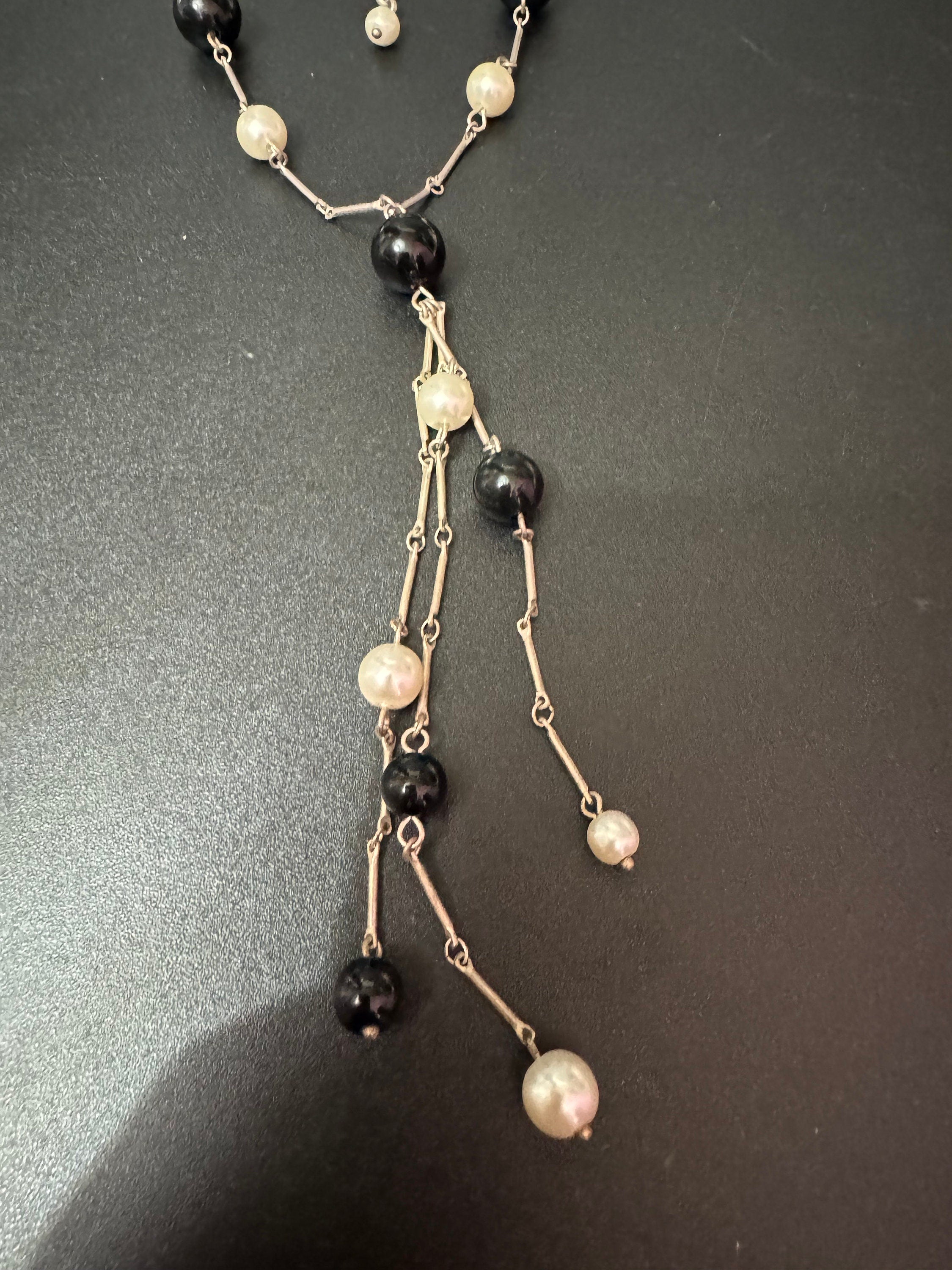 Vintage Silver Tone Faux Pearl Tassel Necklace