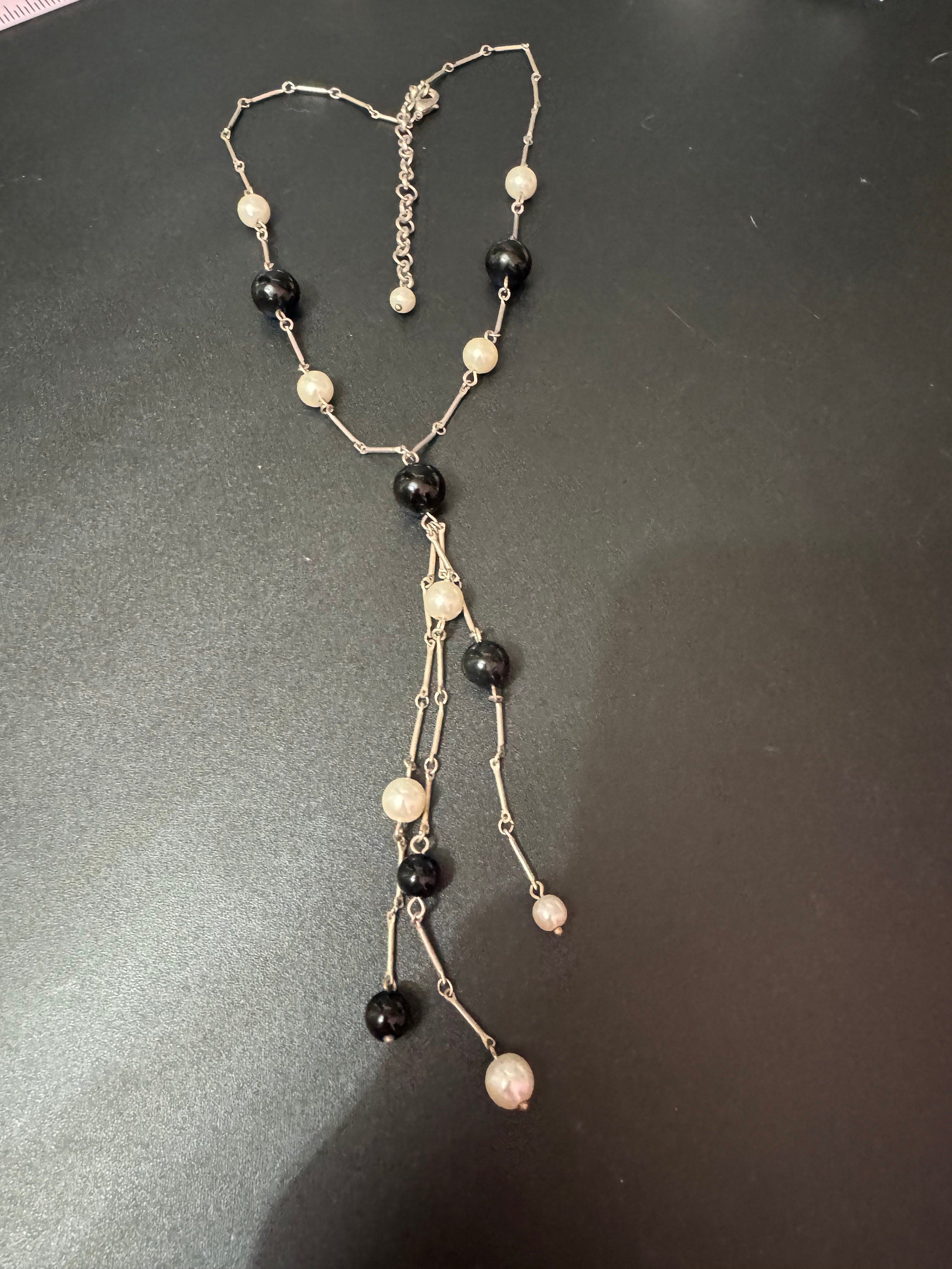 Vintage Silver Tone Faux Pearl Tassel Necklace