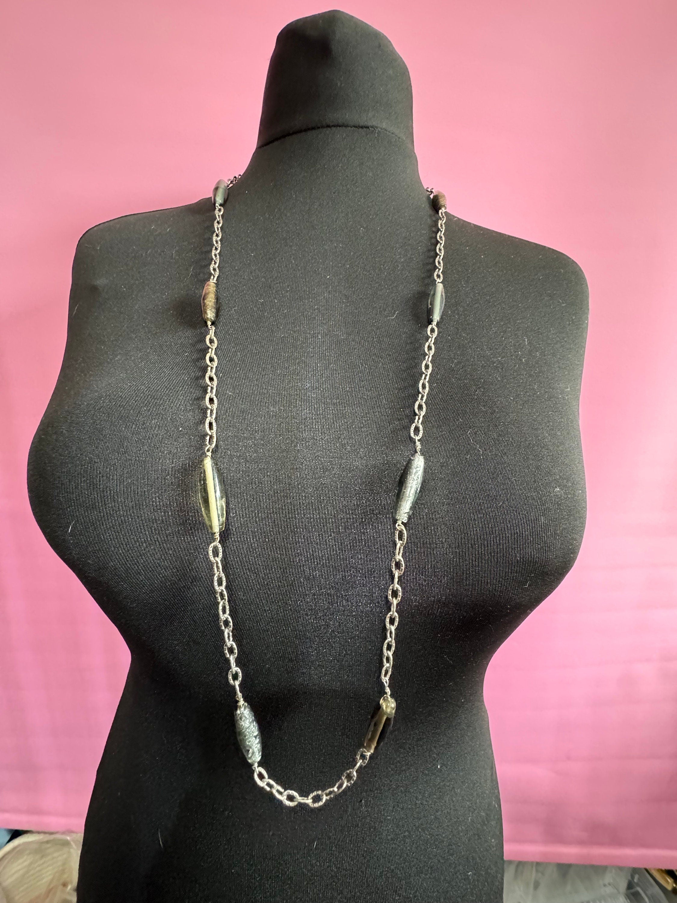 Vintage 1970s Silver Tone Chain Necklace: Grey Glass Beaded Station Link, 106cm