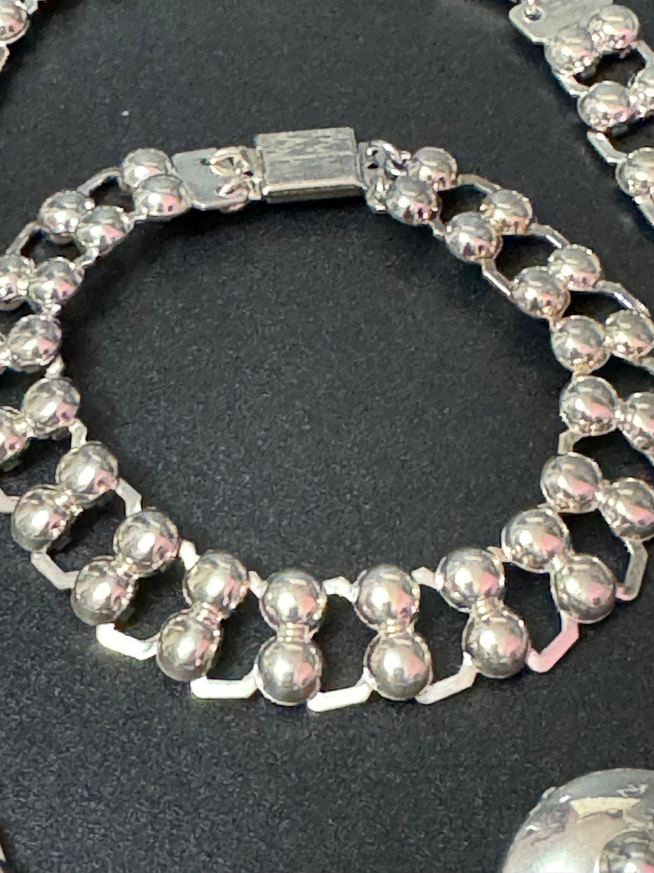 vintage modernist silver tone embossed ball design brutalist jewellery set choker necklace clip on earrings bracelet