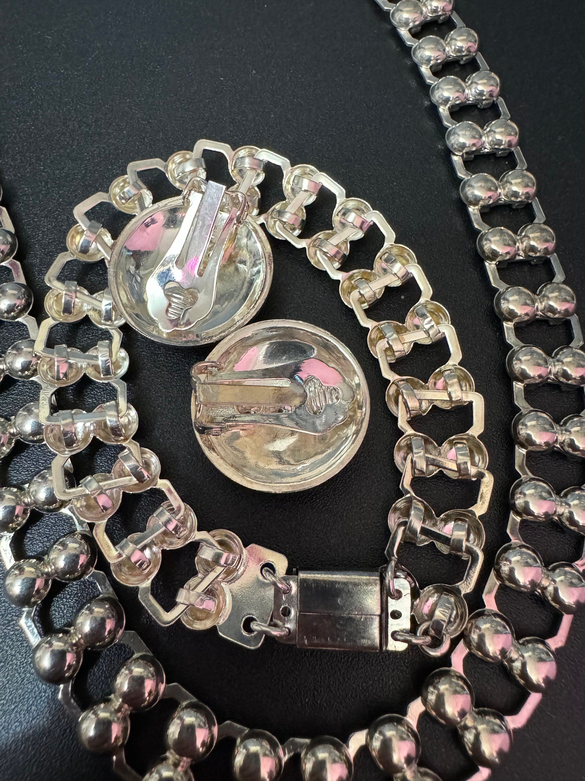 vintage modernist silver tone embossed ball design brutalist jewellery set choker necklace clip on earrings bracelet