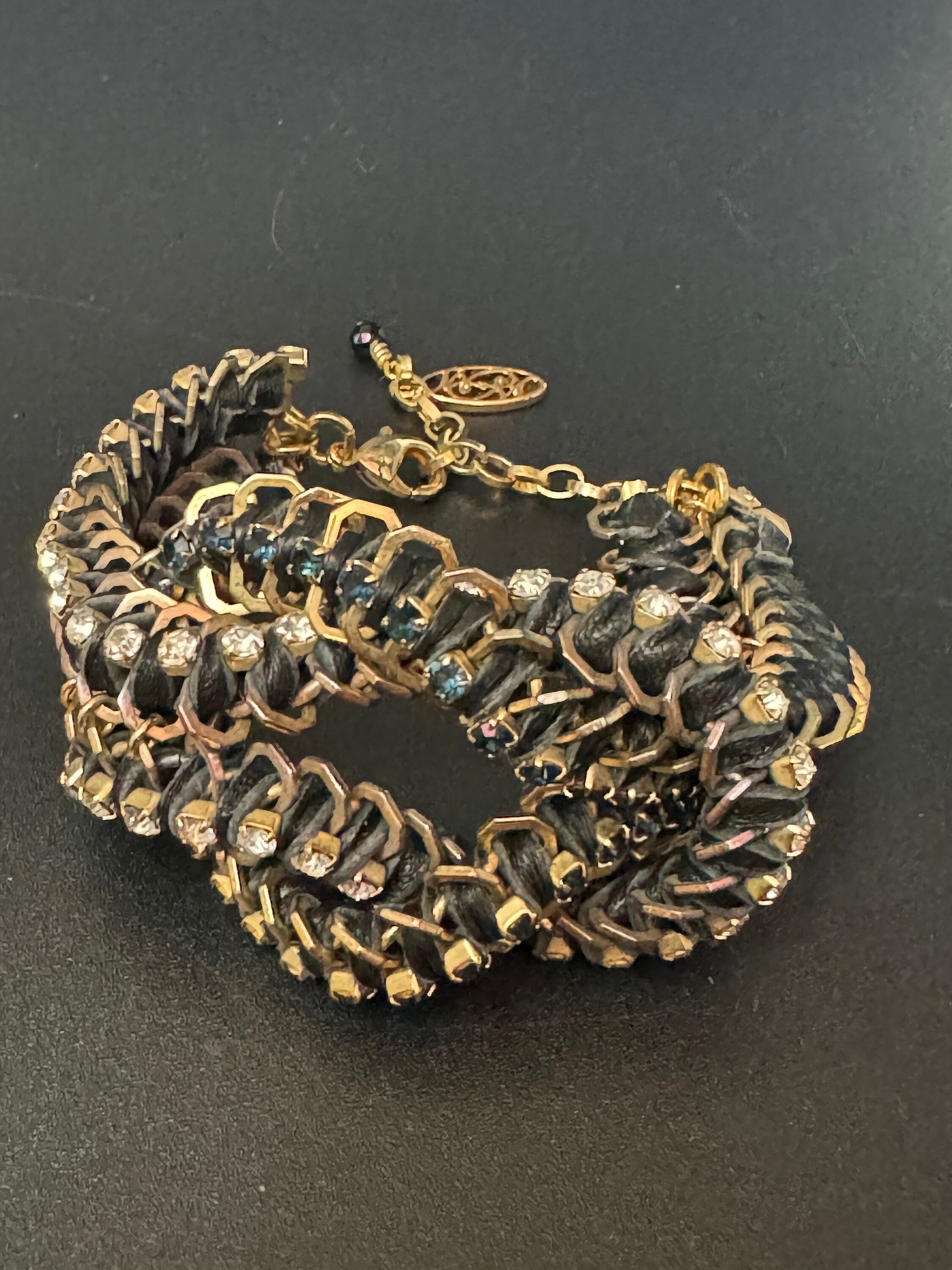 Retro Swarovski Crystal Cocktail Bracelet: Silk Cord Knot, Gold Tone