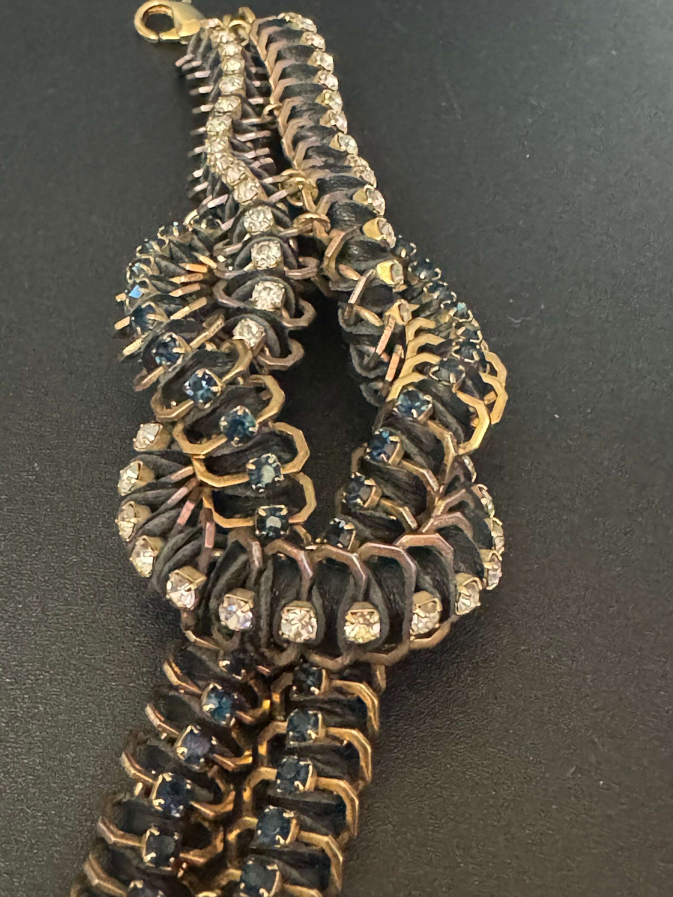 Retro Swarovski Crystal Cocktail Bracelet: Silk Cord Knot, Gold Tone