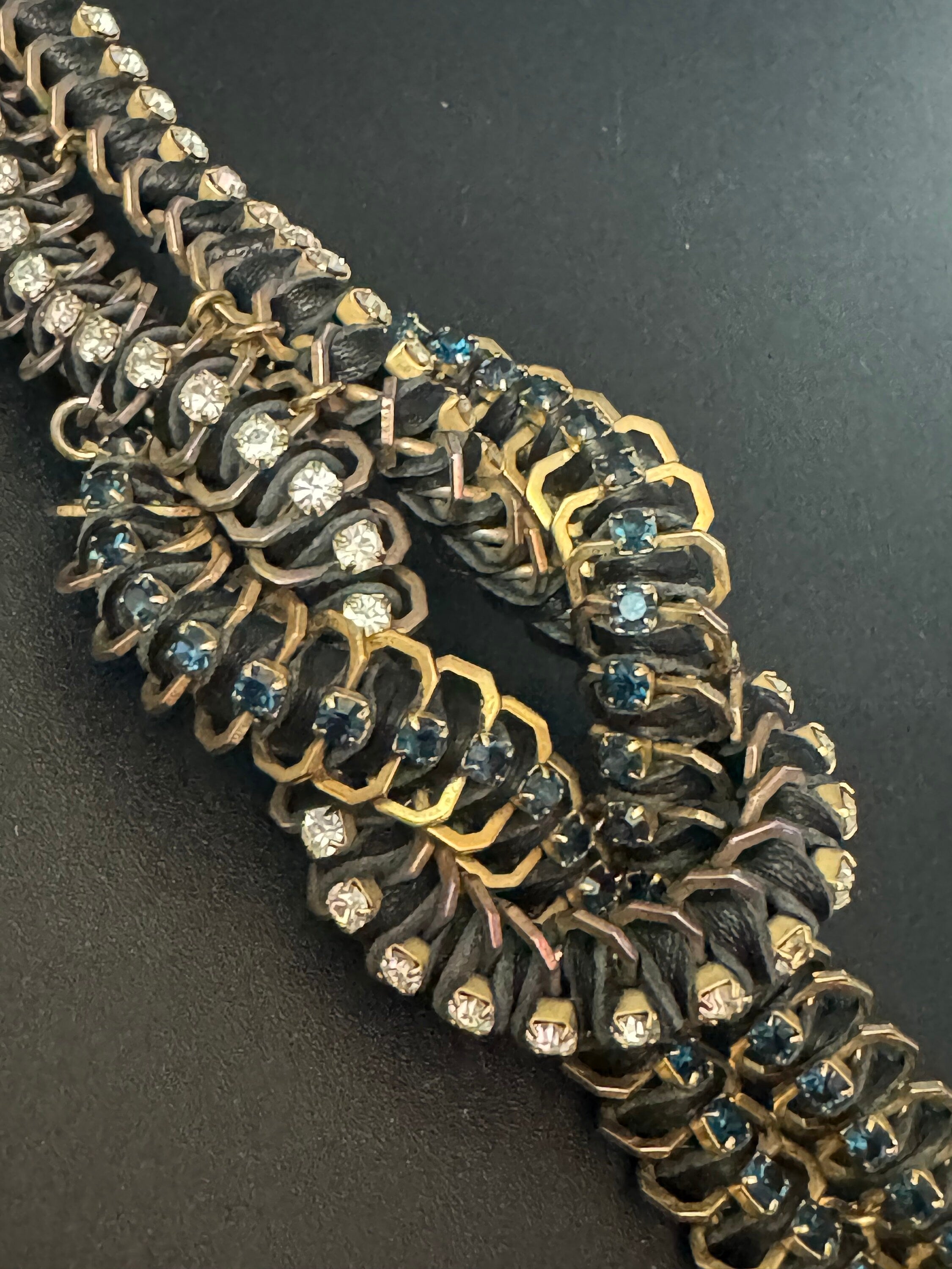 Retro Swarovski Crystal Cocktail Bracelet: Silk Cord Knot, Gold Tone