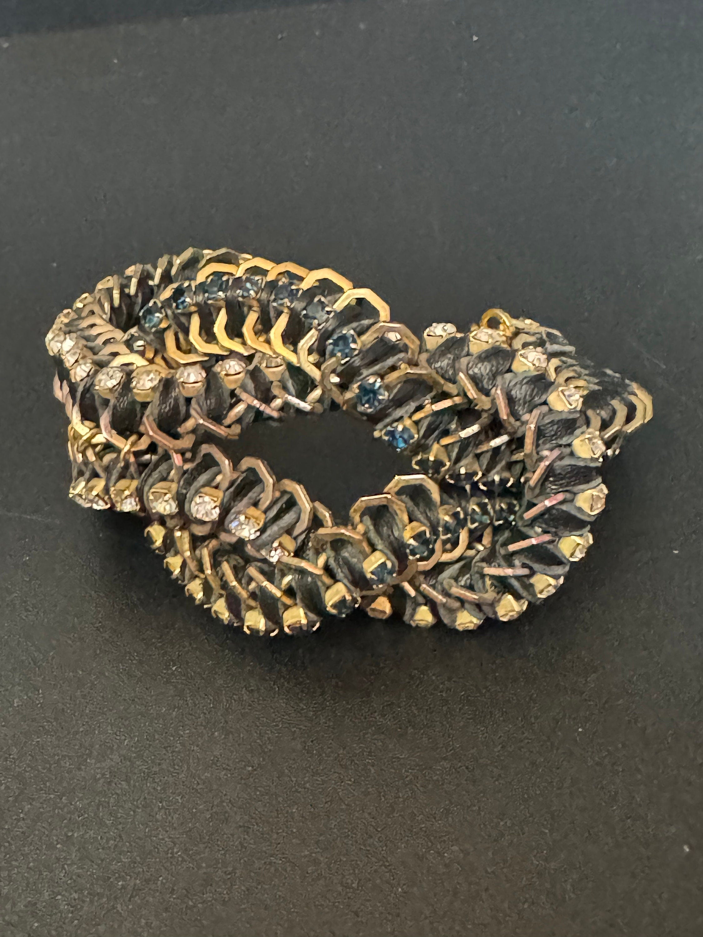 Retro Swarovski Crystal Cocktail Bracelet: Silk Cord Knot, Gold Tone