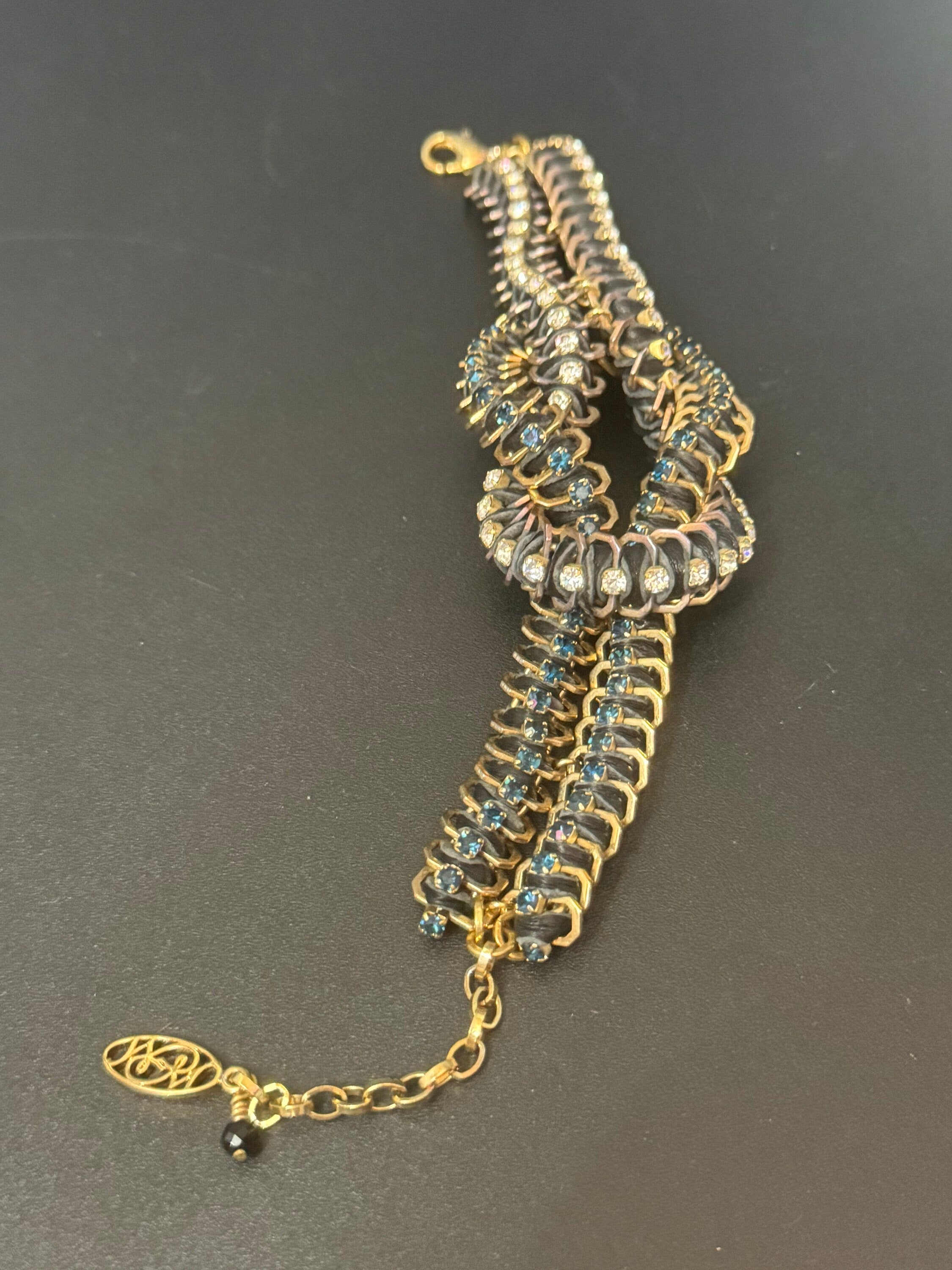 Retro Swarovski Crystal Cocktail Bracelet: Silk Cord Knot, Gold Tone