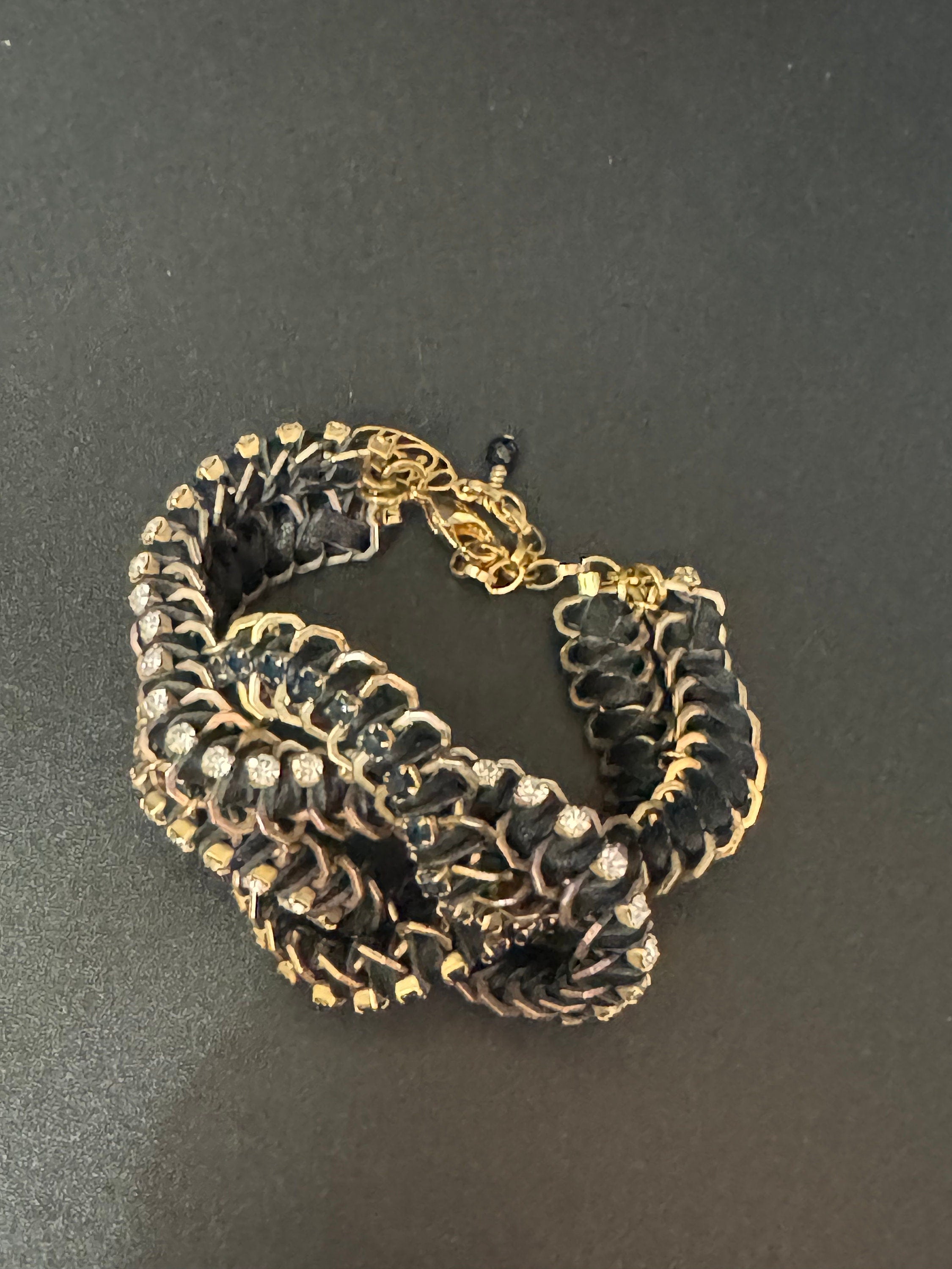 Retro Swarovski Crystal Cocktail Bracelet: Silk Cord Knot, Gold Tone