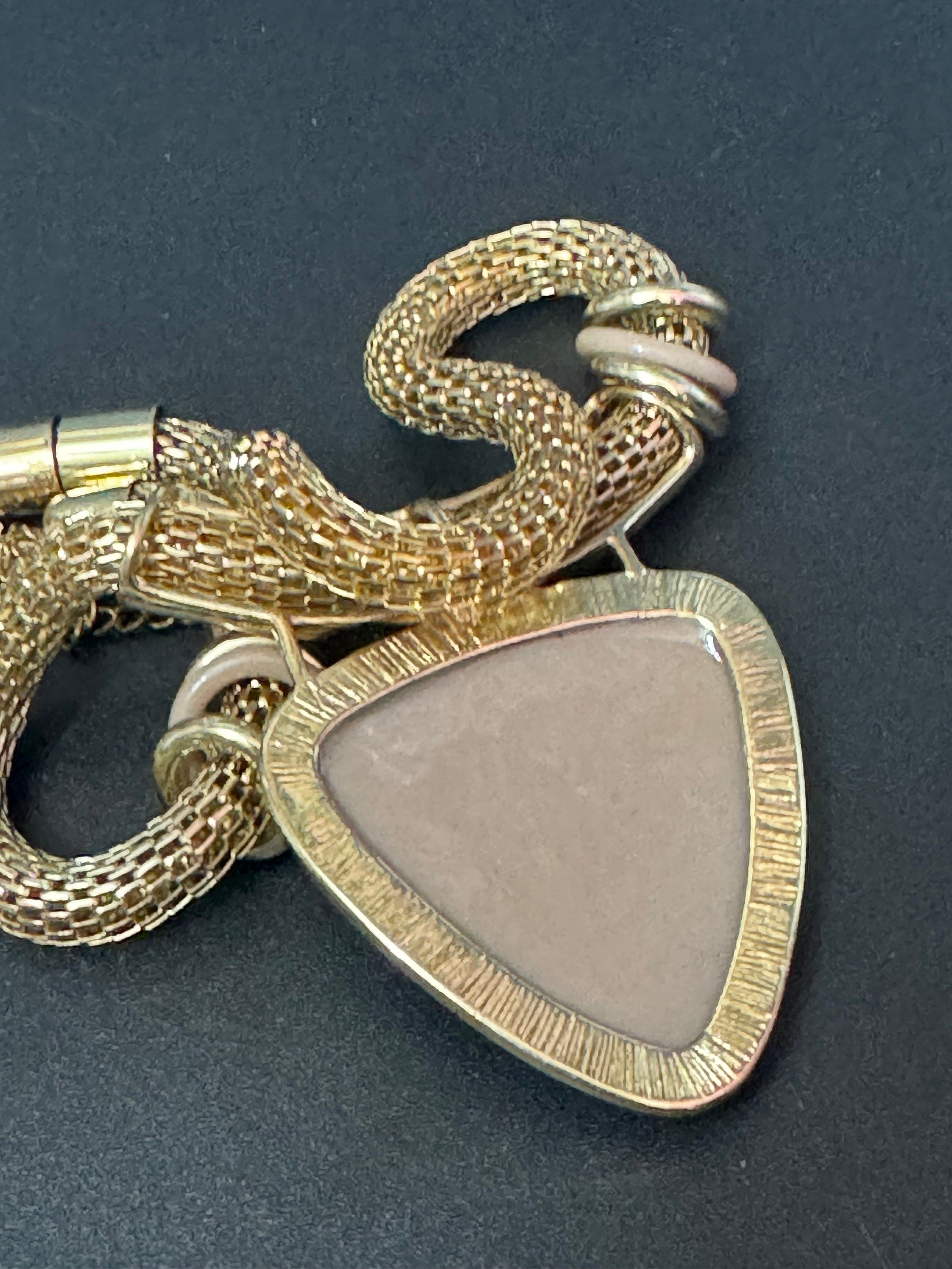 modernist Gold tone tube mesh chunky beige nude triangular cabochon necklace