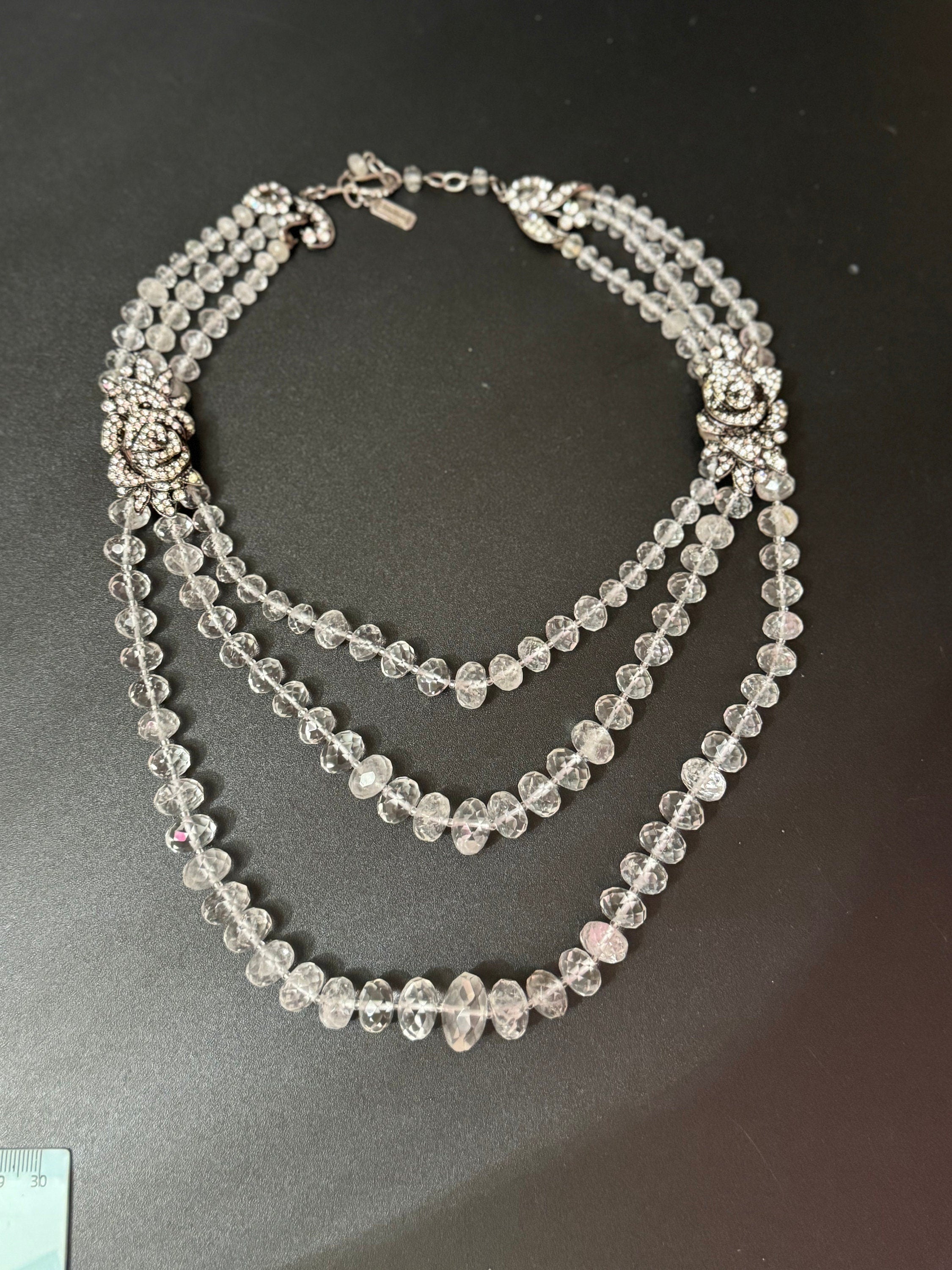 Vintage MONET ESTATE signed 3 row clear diamanté crystal glass necklace with silver and clear floral rhinestones high end piece