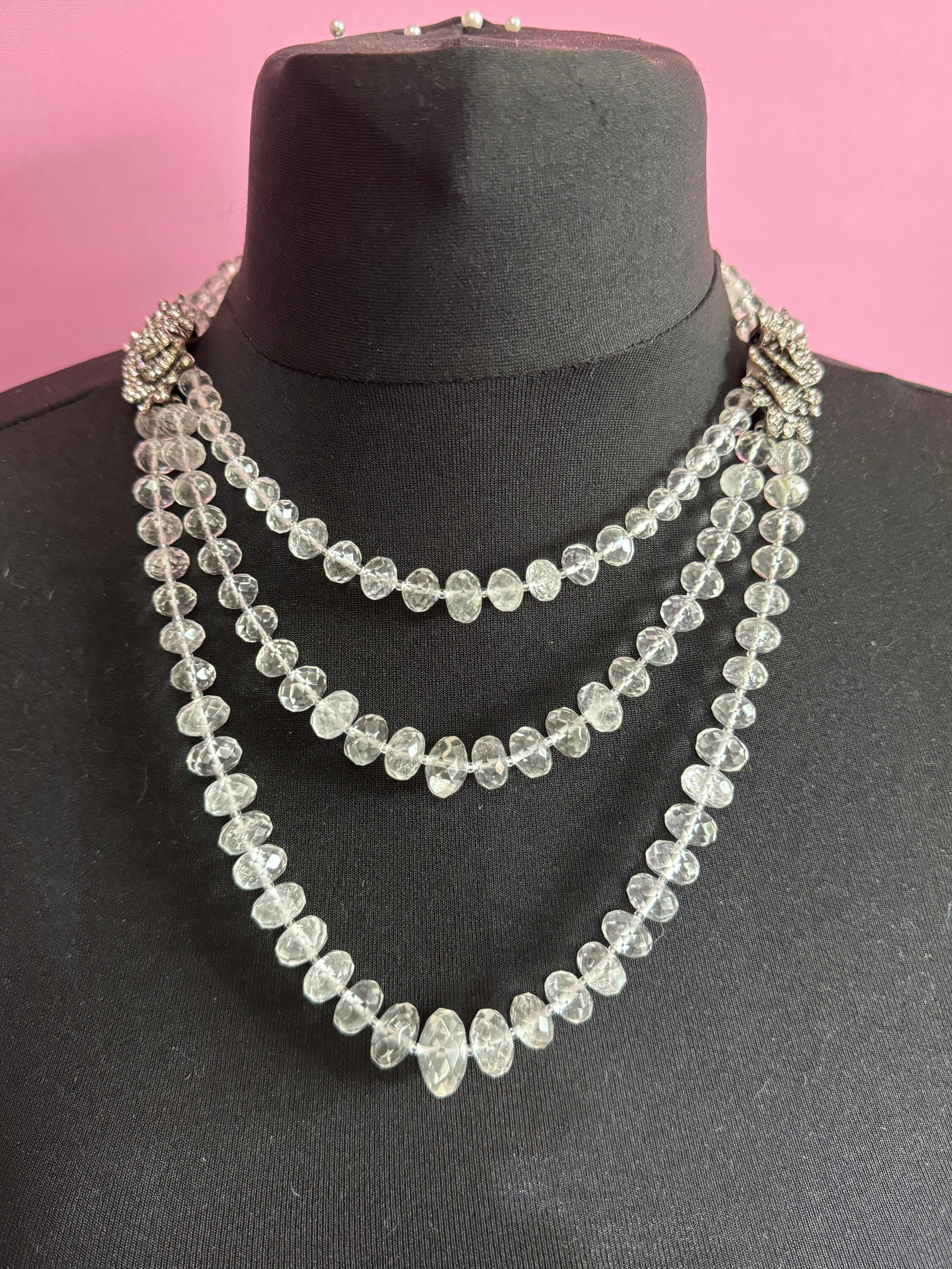 Vintage MONET ESTATE signed 3 row clear diamanté crystal glass necklace with silver and clear floral rhinestones high end piece