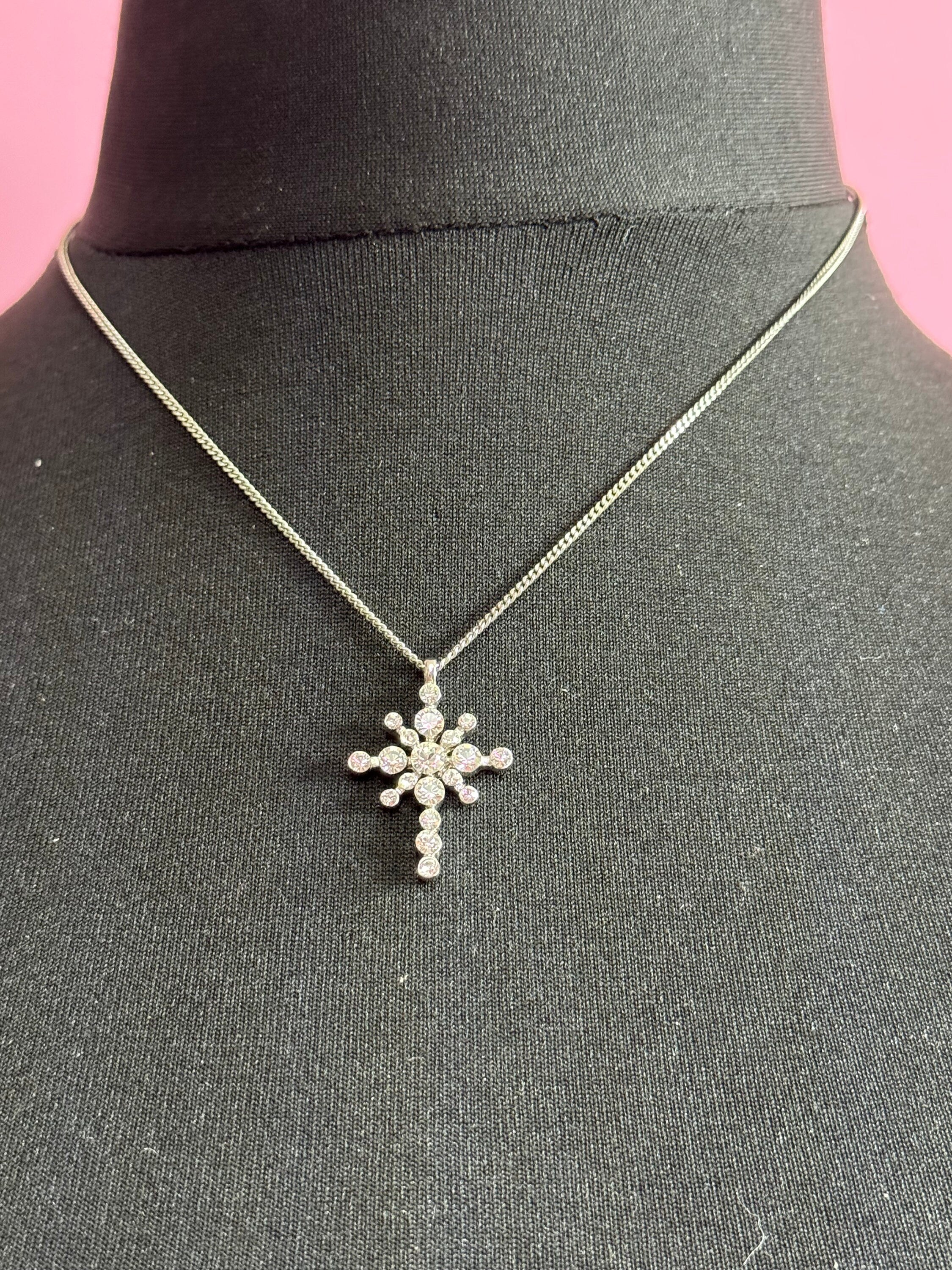 Vintage signed JBK camrose and cross silver plated clear crystal cross pendant on a 50cm chain