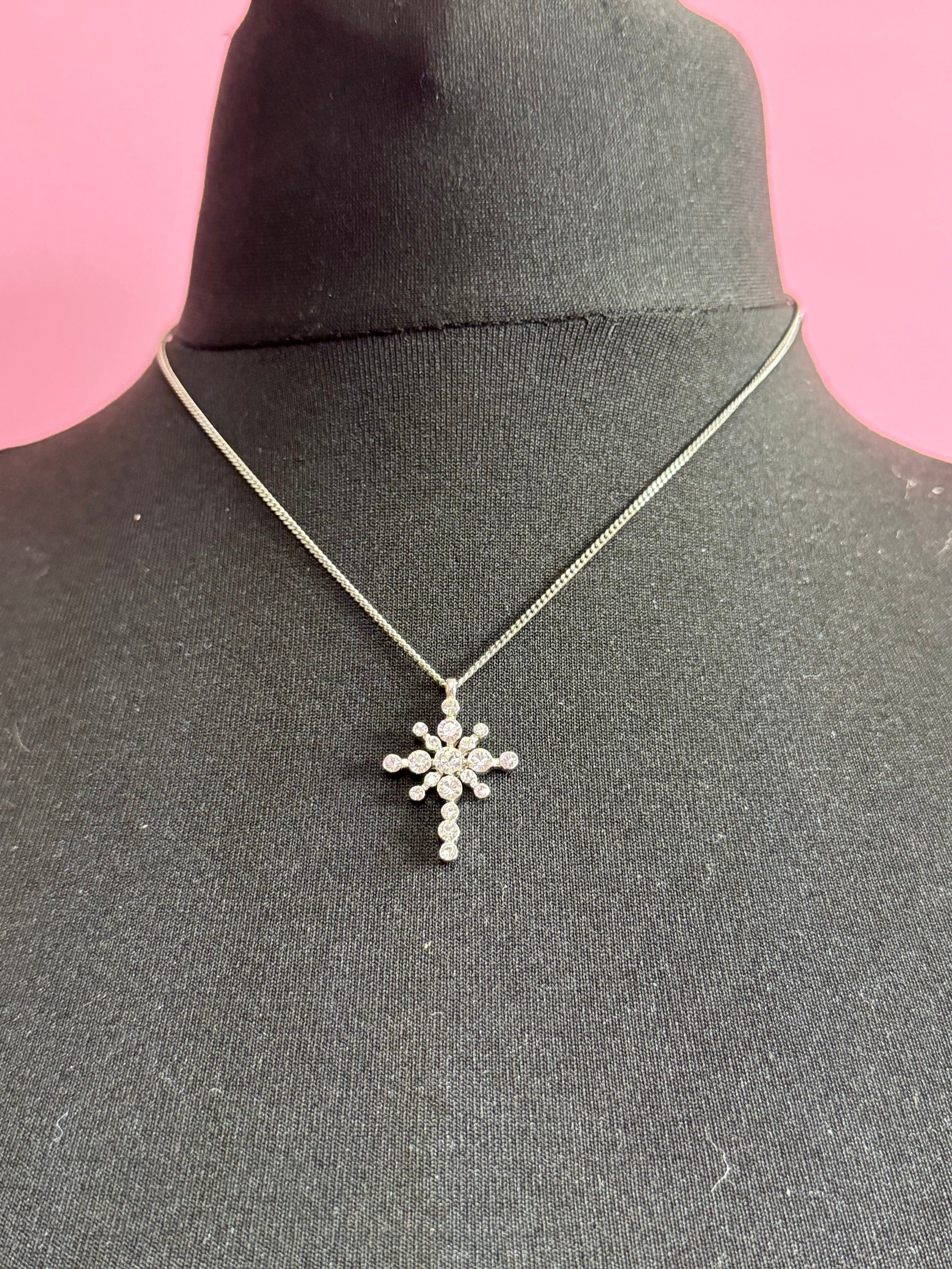Vintage signed JBK camrose and cross silver plated clear crystal cross pendant on a 50cm chain