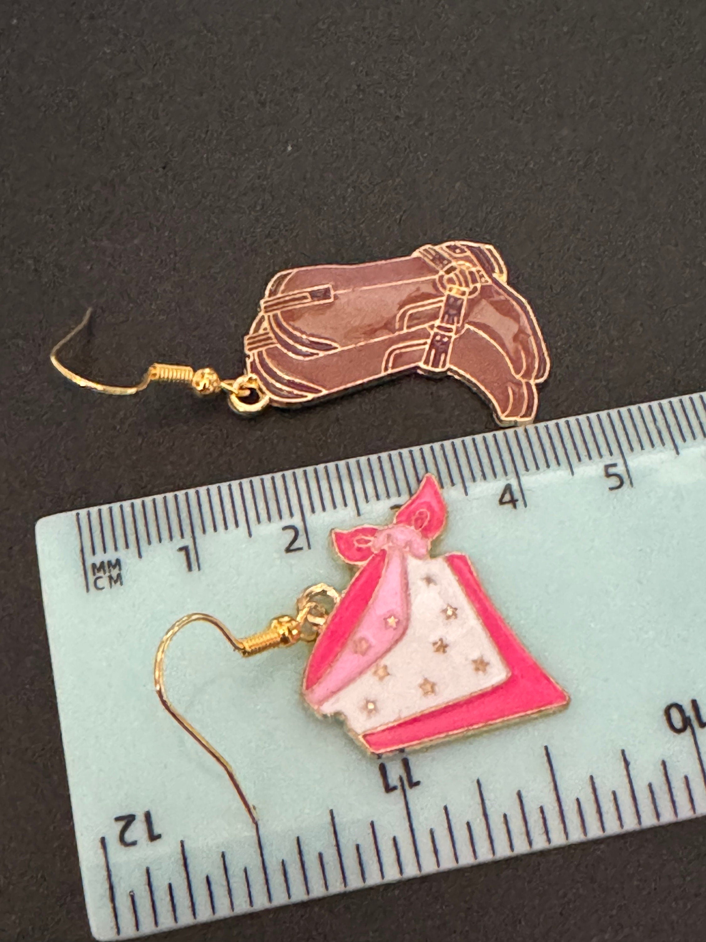 Cowboy boot and pink cowgirl bandana dangly earrings Dolly Parton jewellery pierced Western 2.0 gold tone brown enamel
