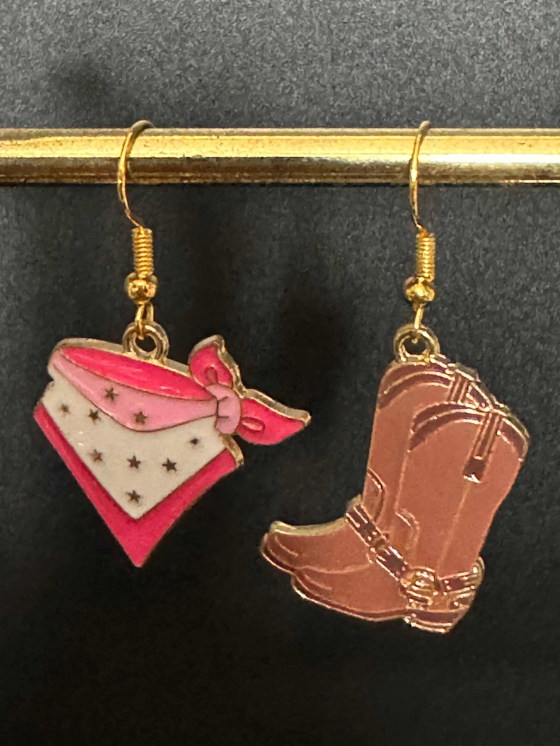 Cowboy boot and pink cowgirl bandana dangly earrings Dolly Parton jewellery pierced Western 2.0 gold tone brown enamel