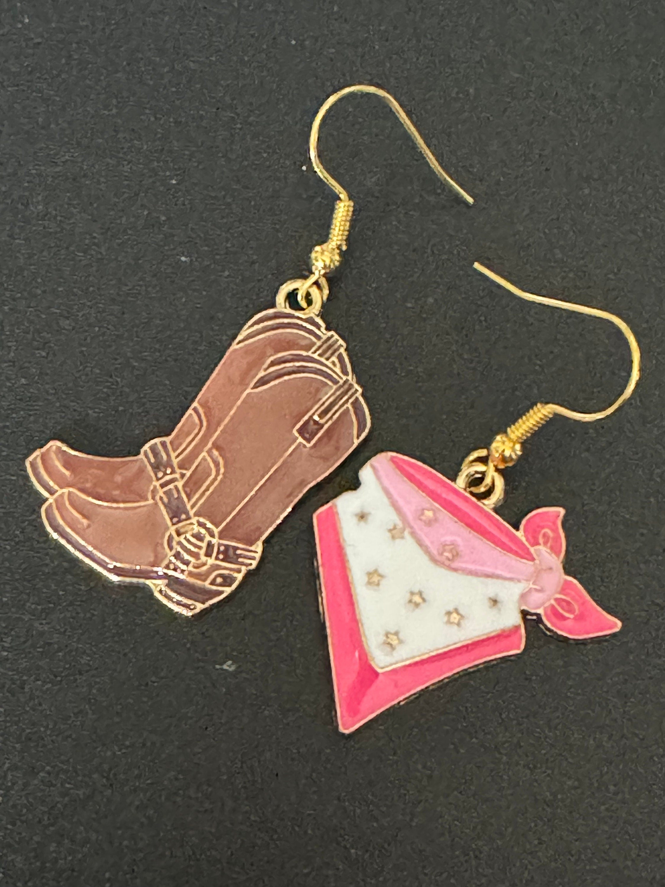 Cowboy boot and pink cowgirl bandana dangly earrings Dolly Parton jewellery pierced Western 2.0 gold tone brown enamel