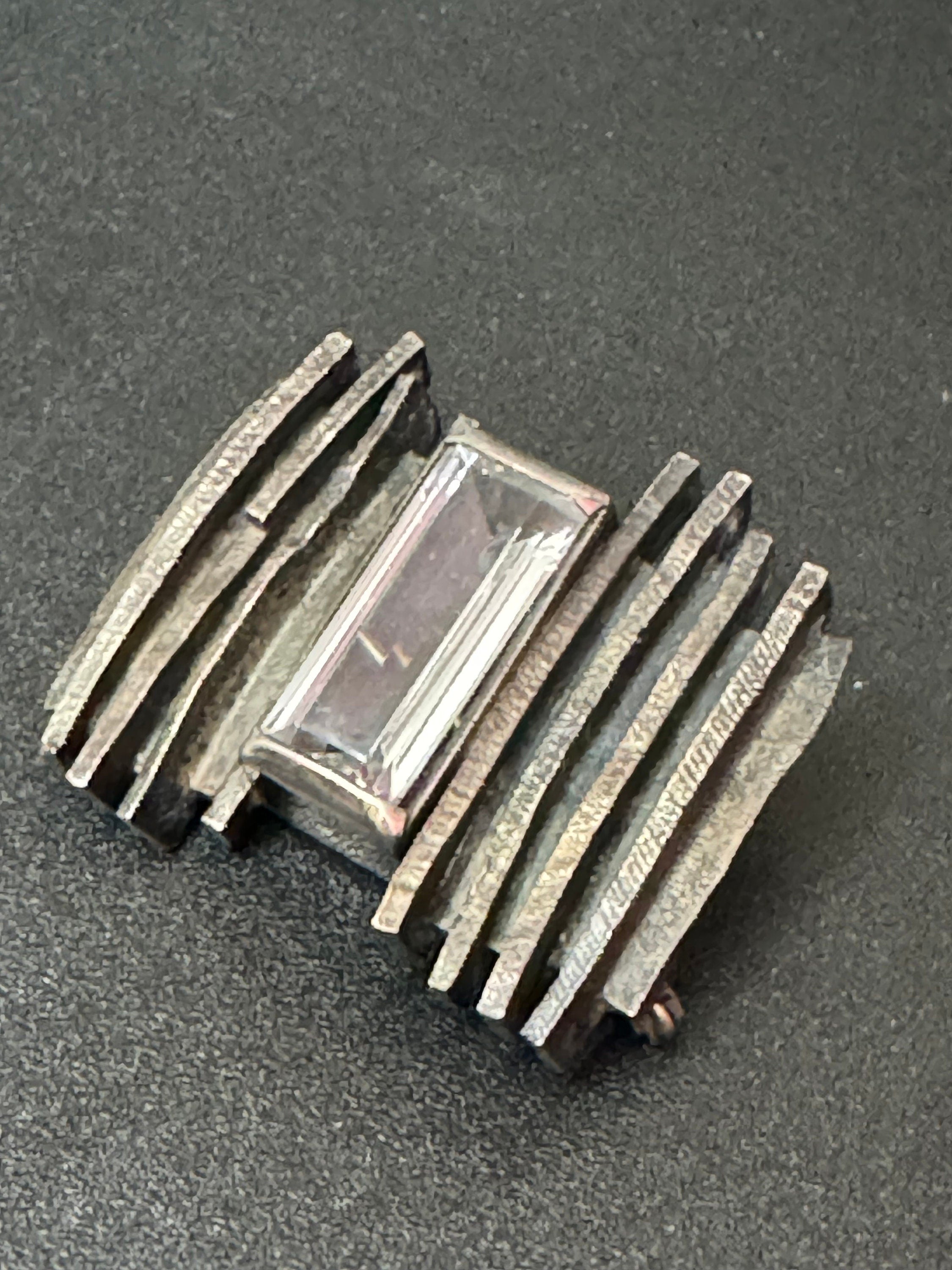 Signed Modernist Sterling Silver Brutalist Brooch with Baguette Crystal