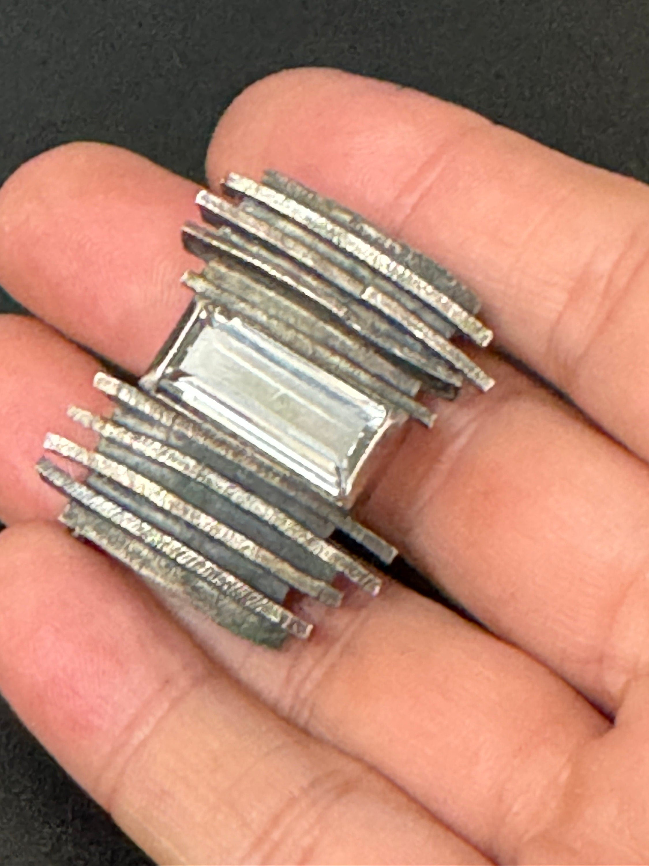 Signed Modernist Sterling Silver Brutalist Brooch with Baguette Crystal