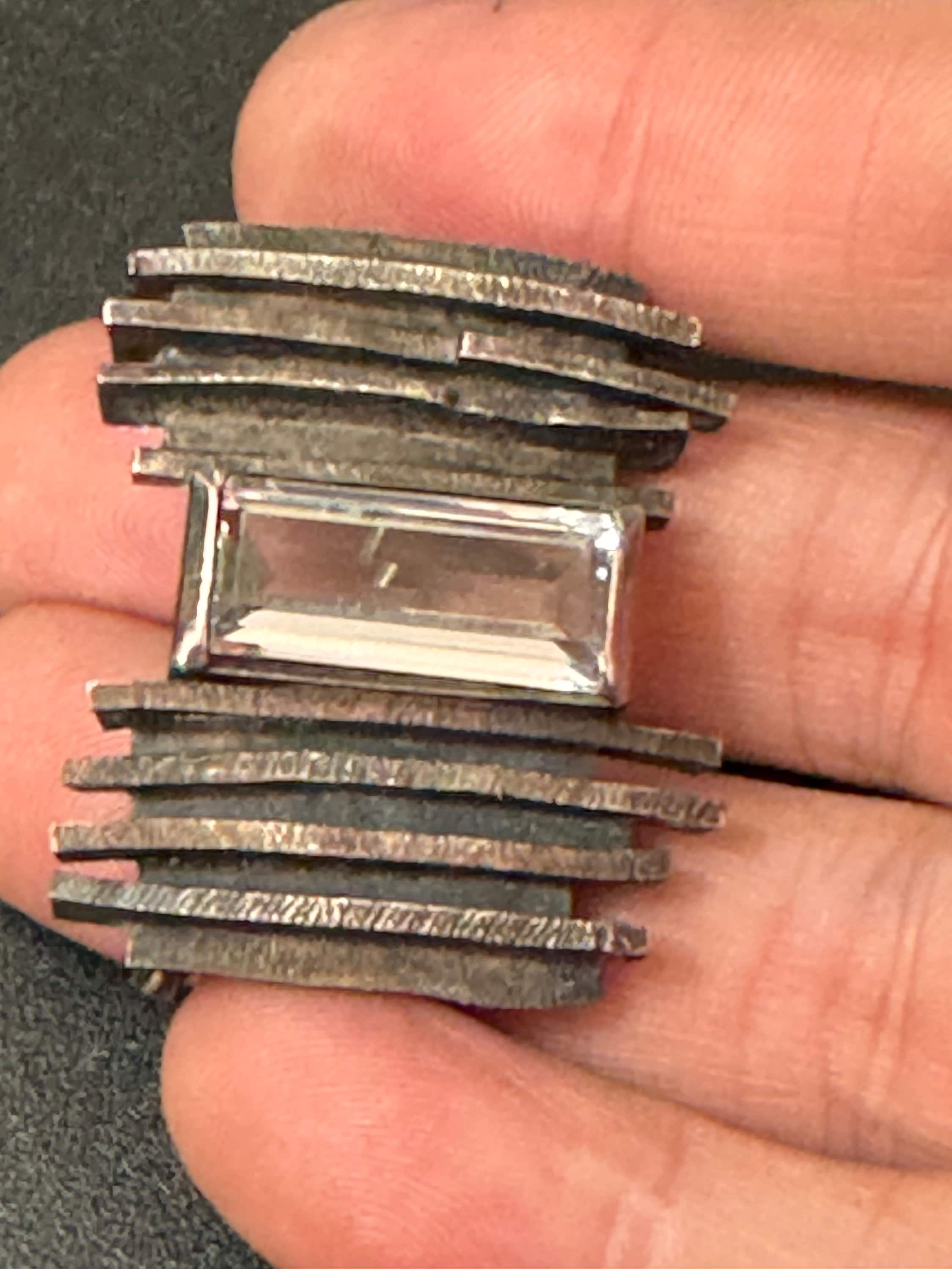 Signed Modernist Sterling Silver Brutalist Brooch with Baguette Crystal