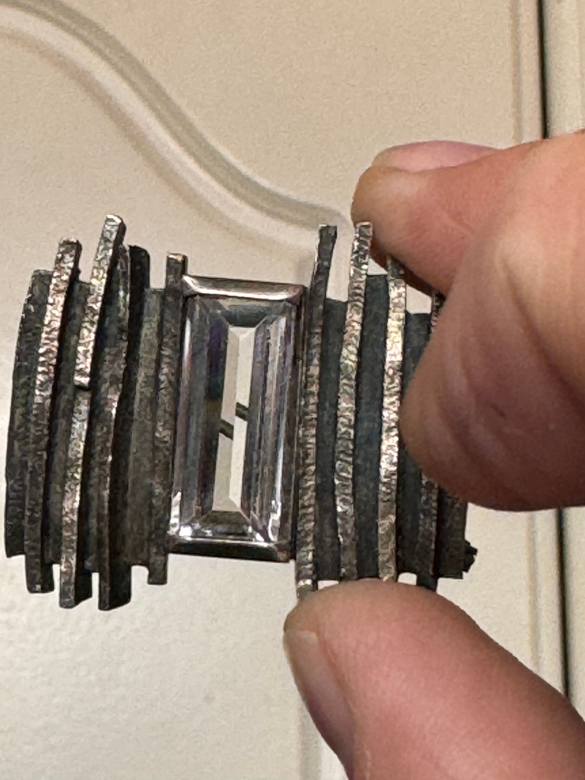 Signed Modernist Sterling Silver Brutalist Brooch with Baguette Crystal