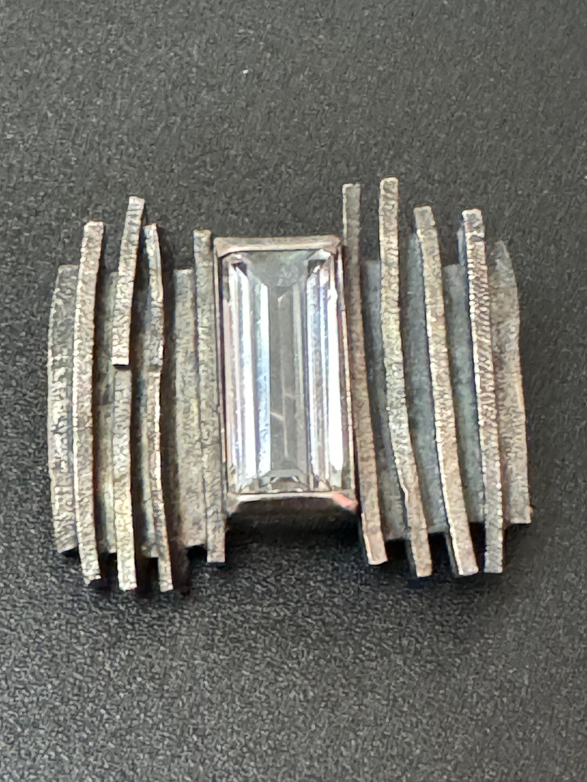 Signed Modernist Sterling Silver Brutalist Brooch with Baguette Crystal