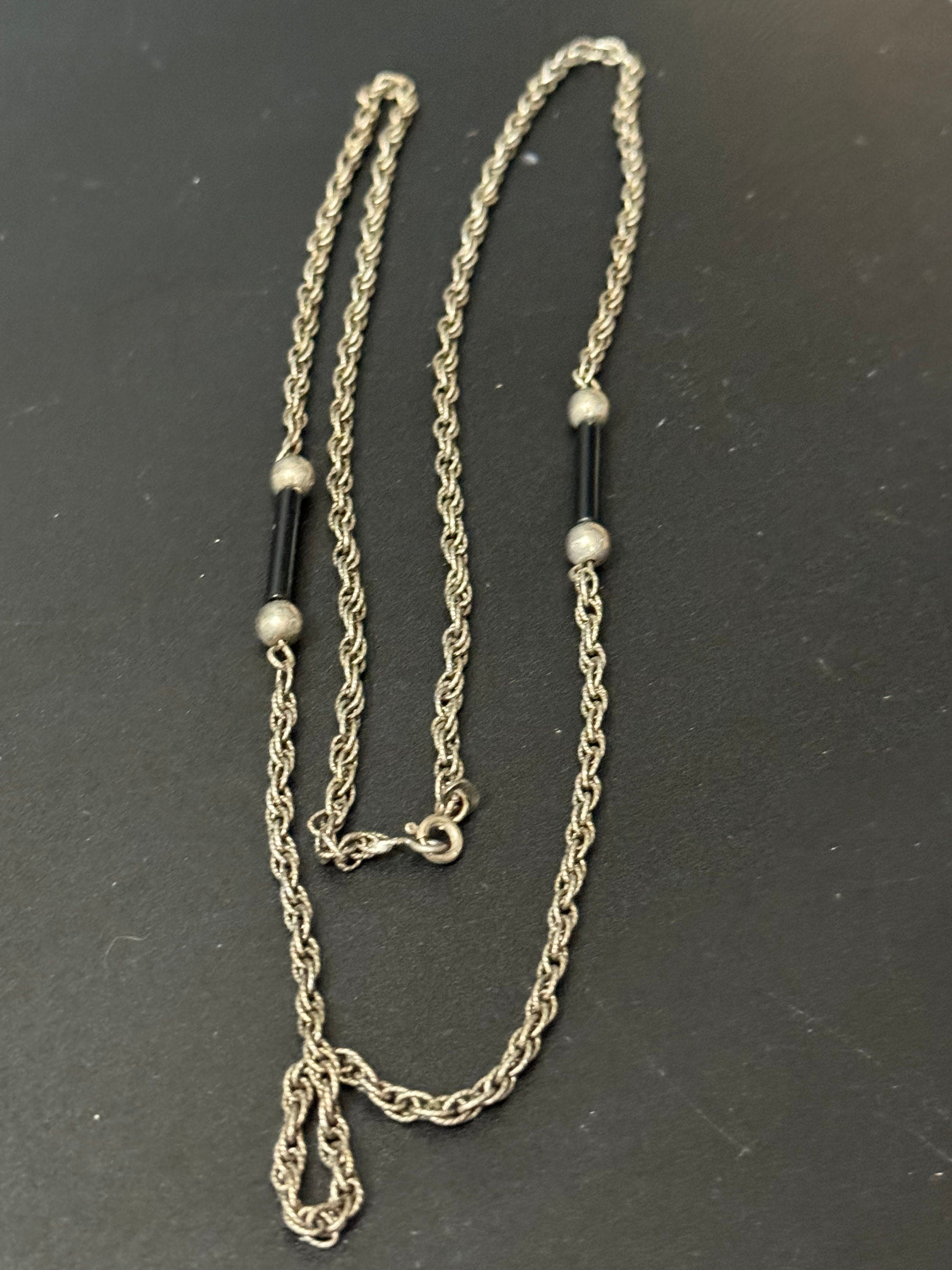 Vintage 1970s German 835 silver long rope chain black ball and glass bar beaded station necklace 21grams 32 inch