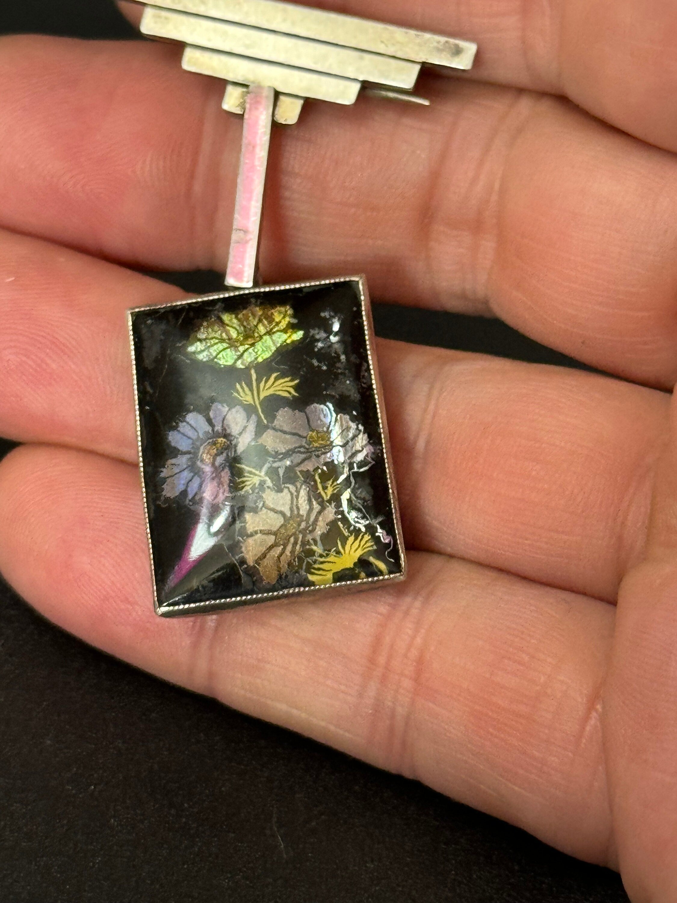 Vintage 925 Silver pastel Blue pink Butterfly Wing art deco pendant dangle brooch