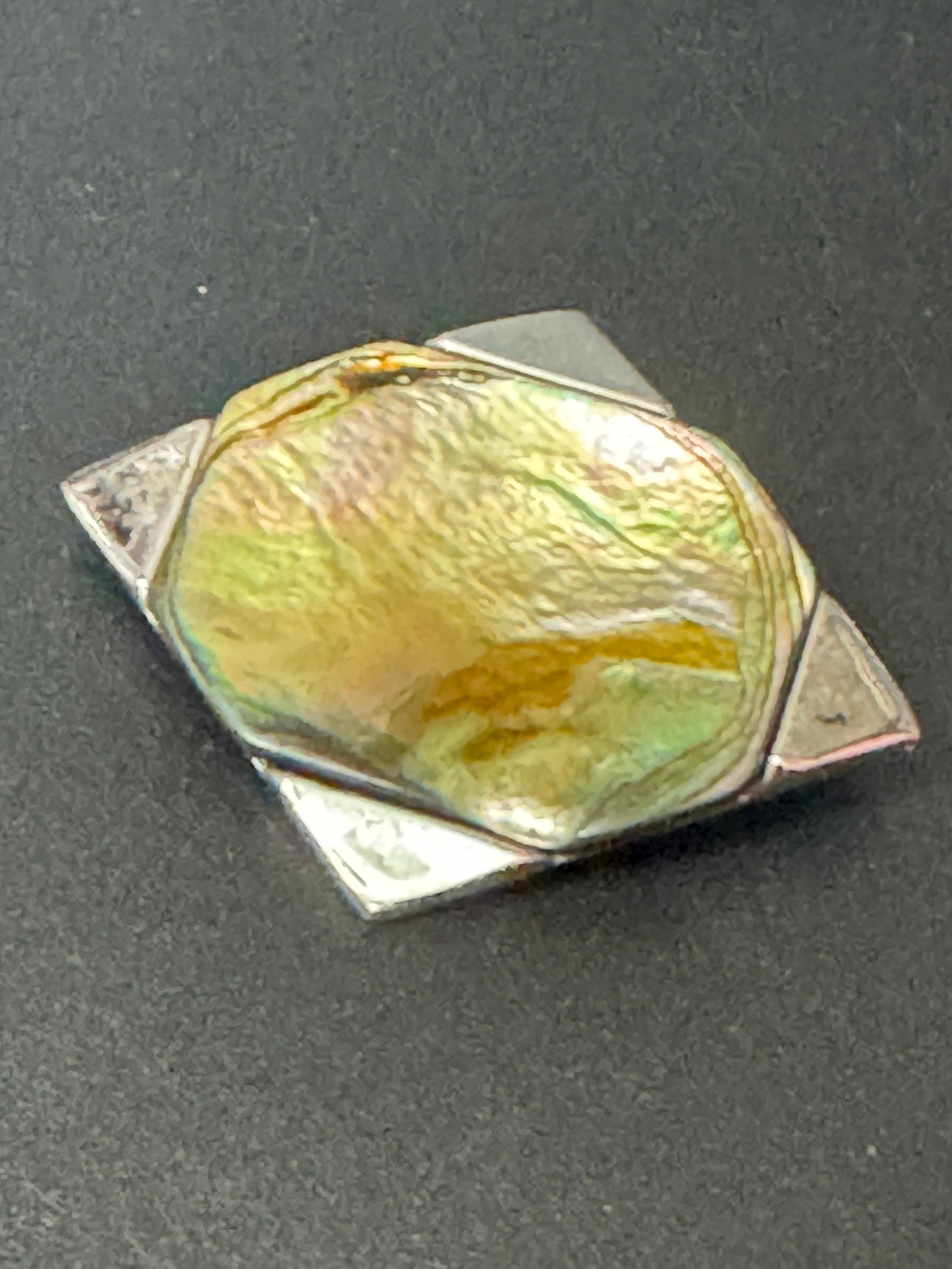 Signed Exquisite vintage Modernist silver tone Steel Brooch central MOP abalone pearl Mid Century 1960s 1970s