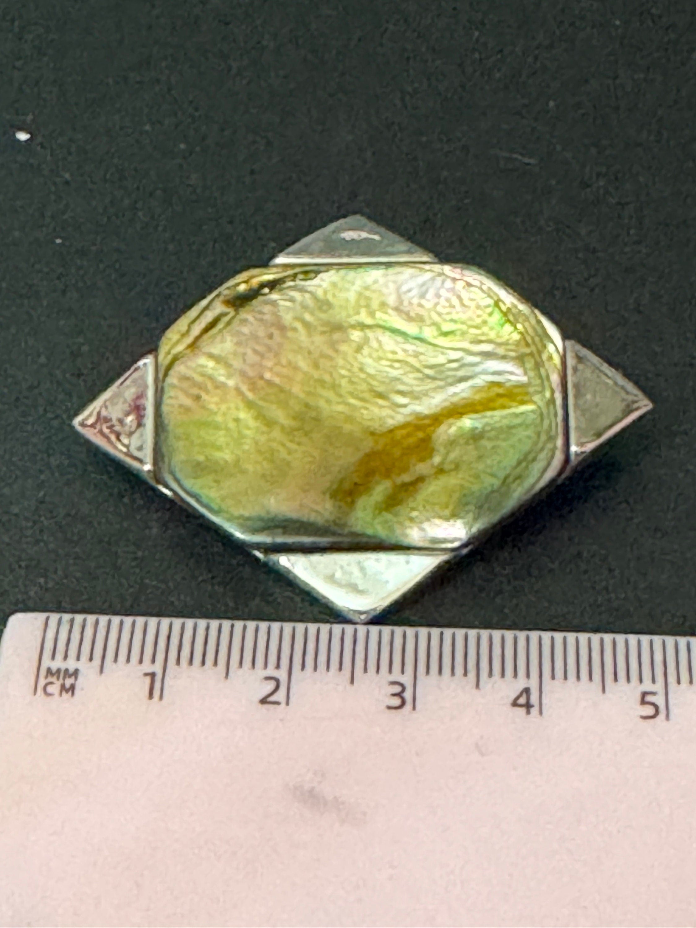 Signed Exquisite vintage Modernist silver tone Steel Brooch central MOP abalone pearl Mid Century 1960s 1970s