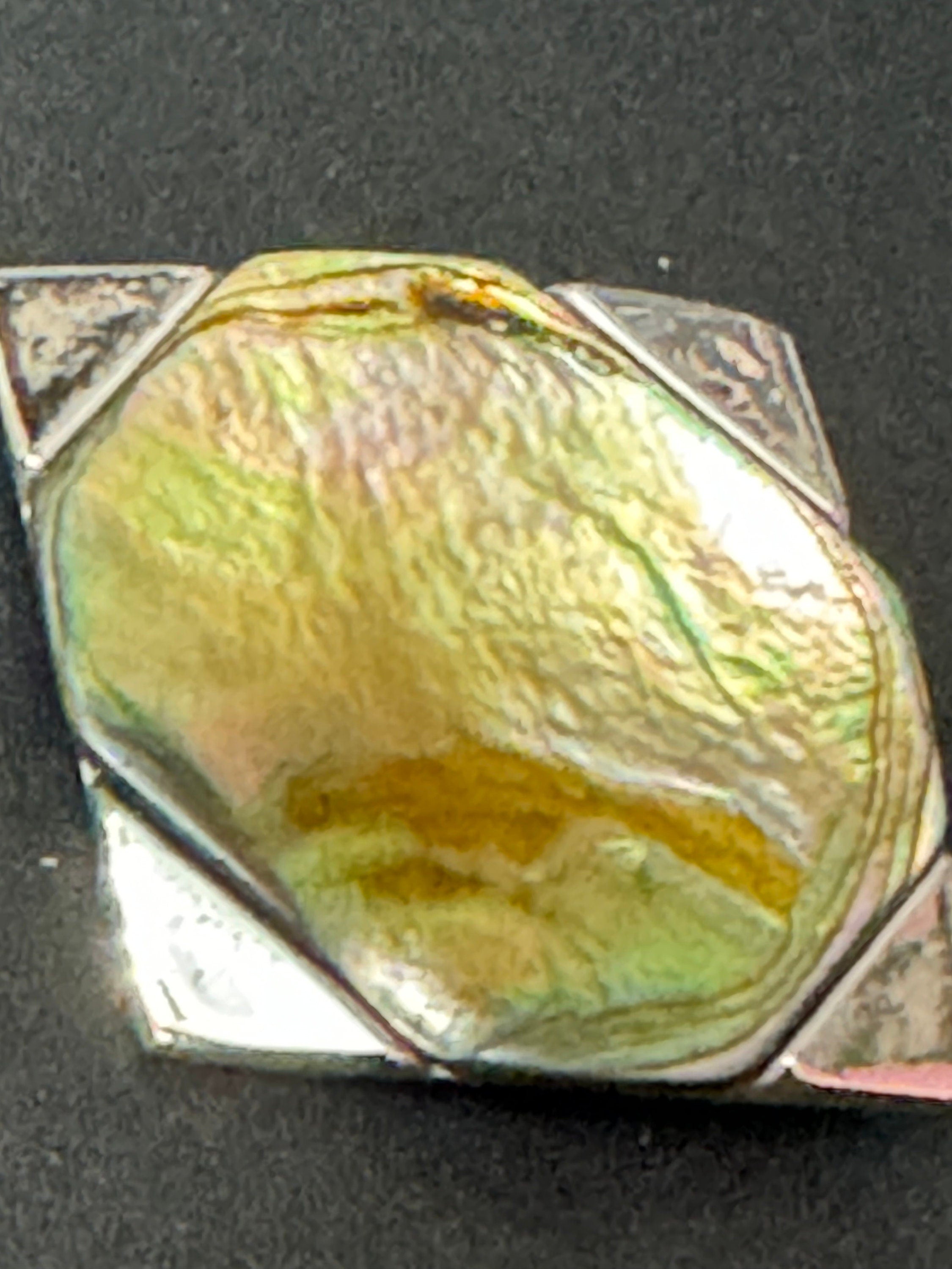 Signed Exquisite vintage Modernist silver tone Steel Brooch central MOP abalone pearl Mid Century 1960s 1970s