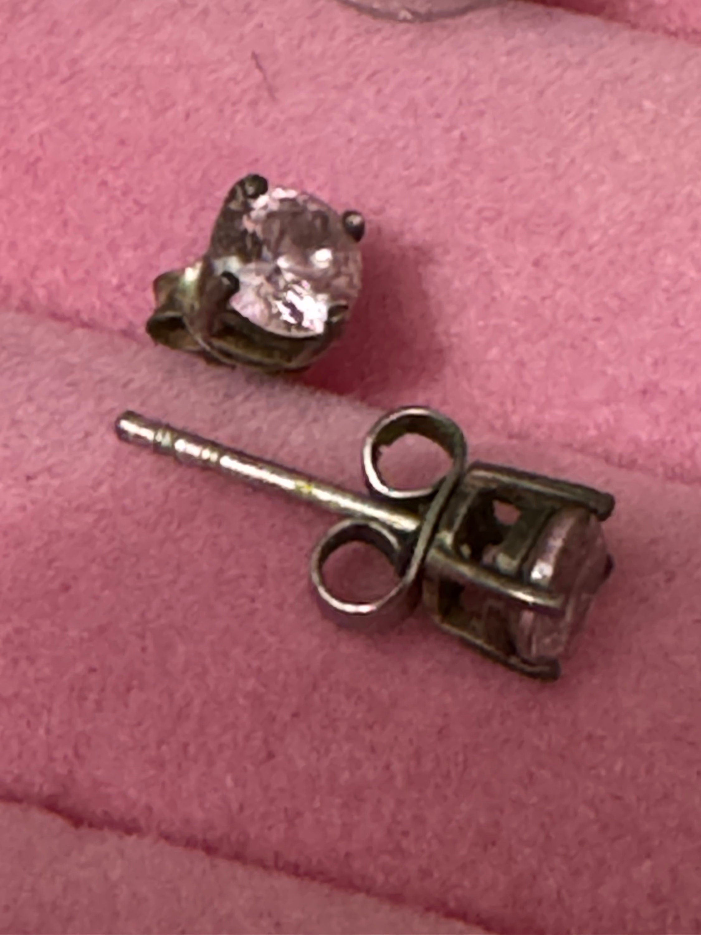 Vintage 925 Sterling silver pink diamanté small round stud earrings pierced