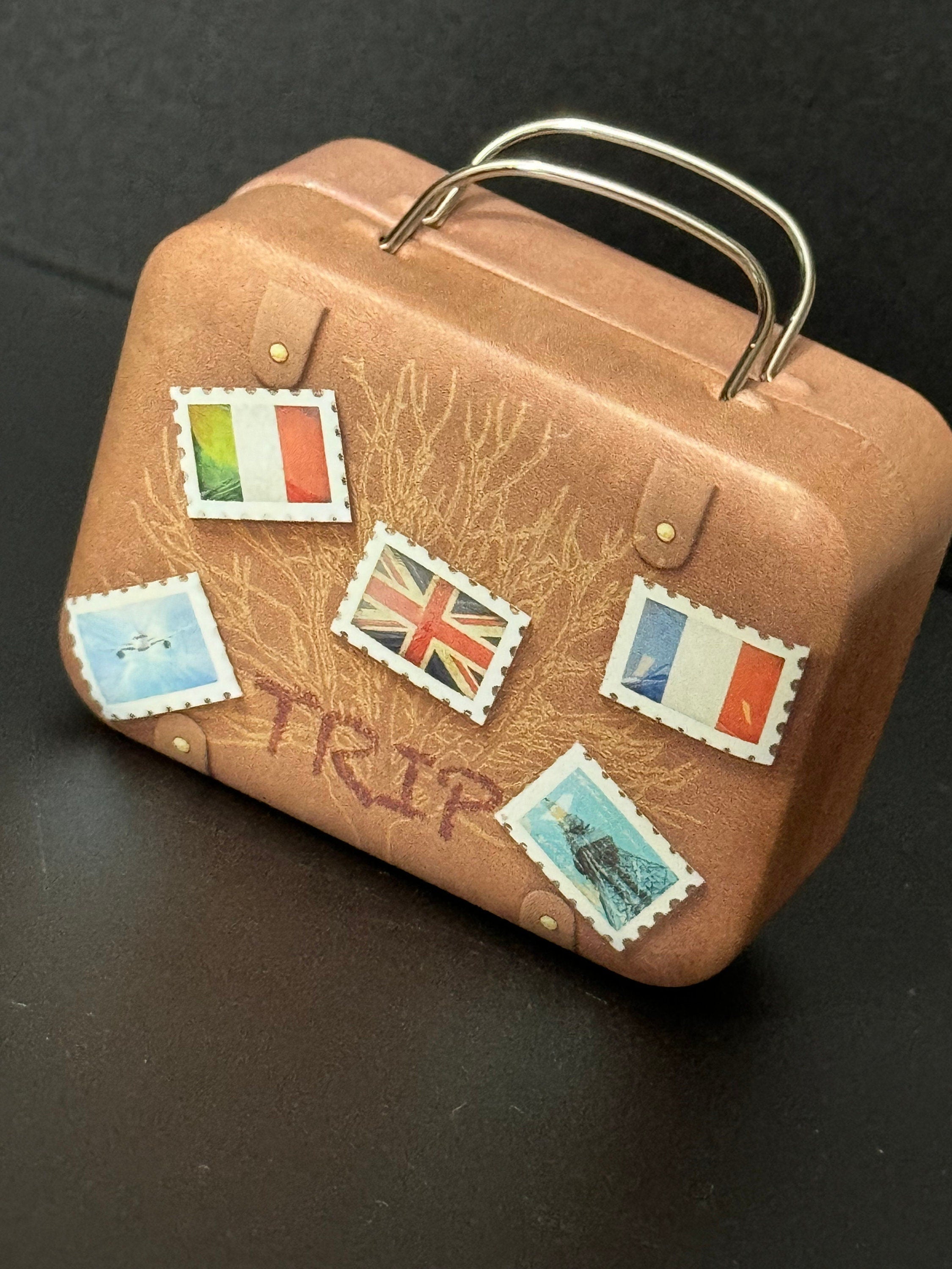 brown metal travel suitcase cake topper decoration tin dolls accessory