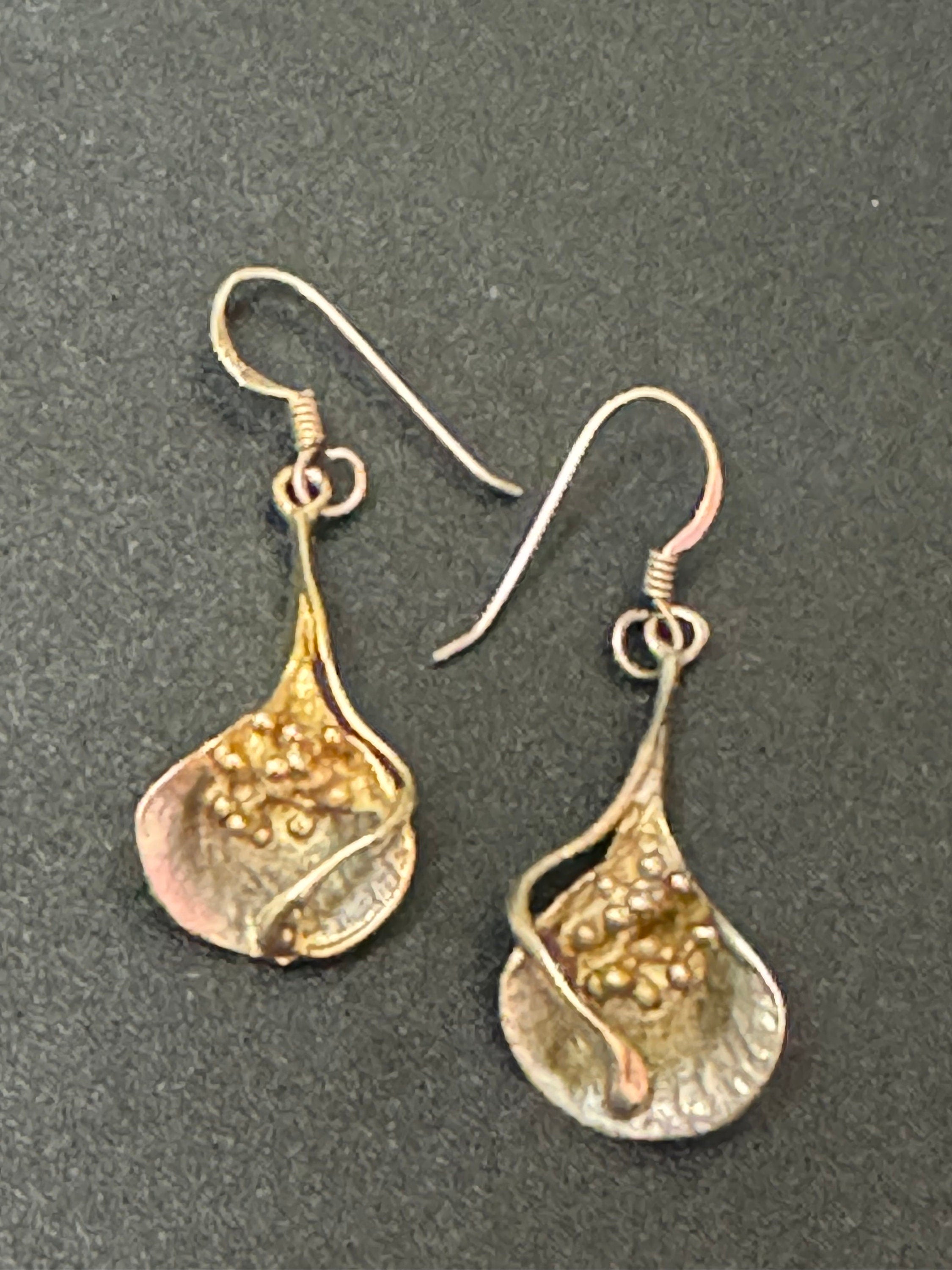 Vintage handmade artisan 925 sterling silver gilt floral nature inspired drop earrings pierced ears modernist