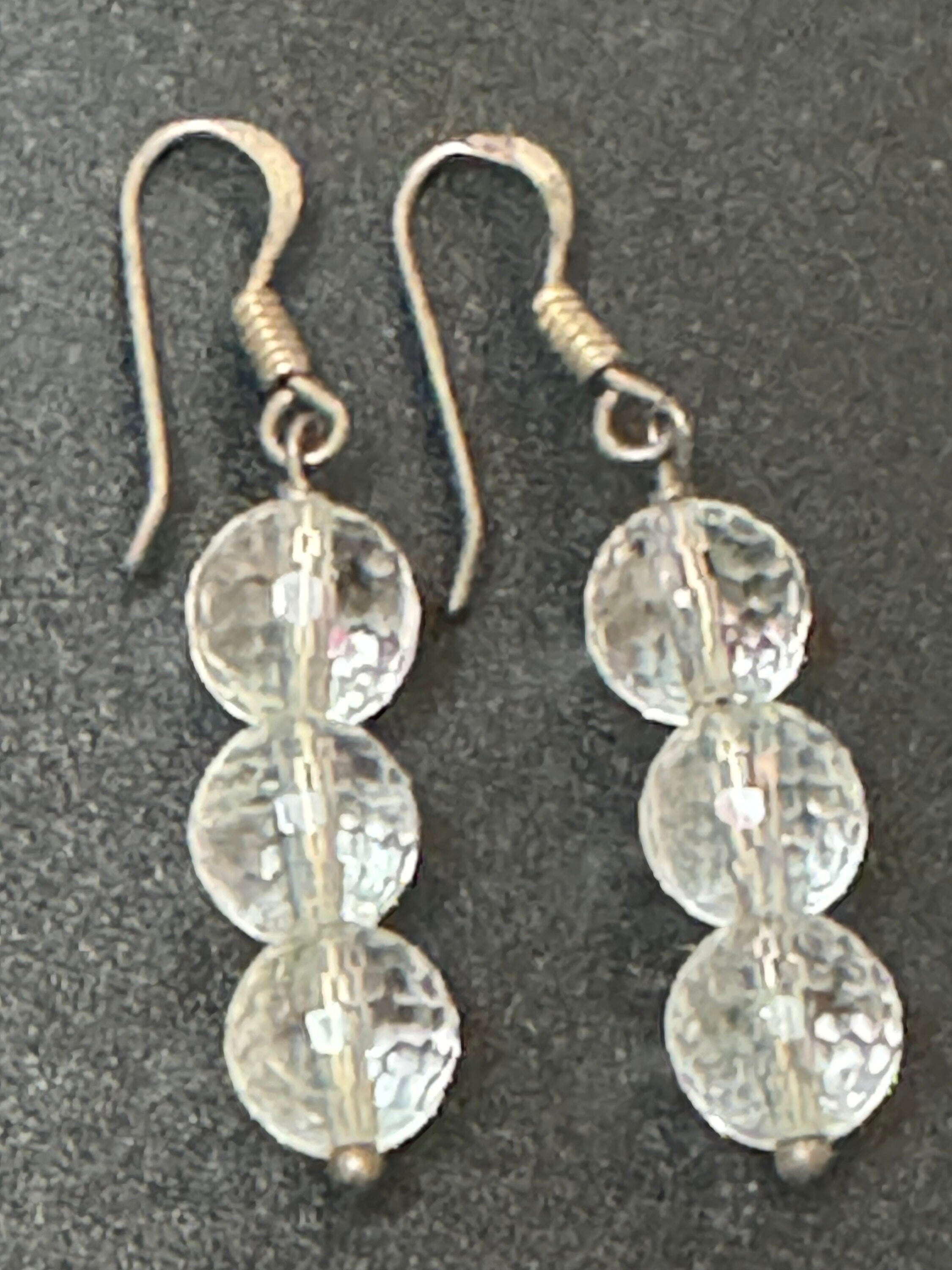 Vintage handmade 925 sterling silver ckear faceted beaded crystal drop earrings pierced ears modernist