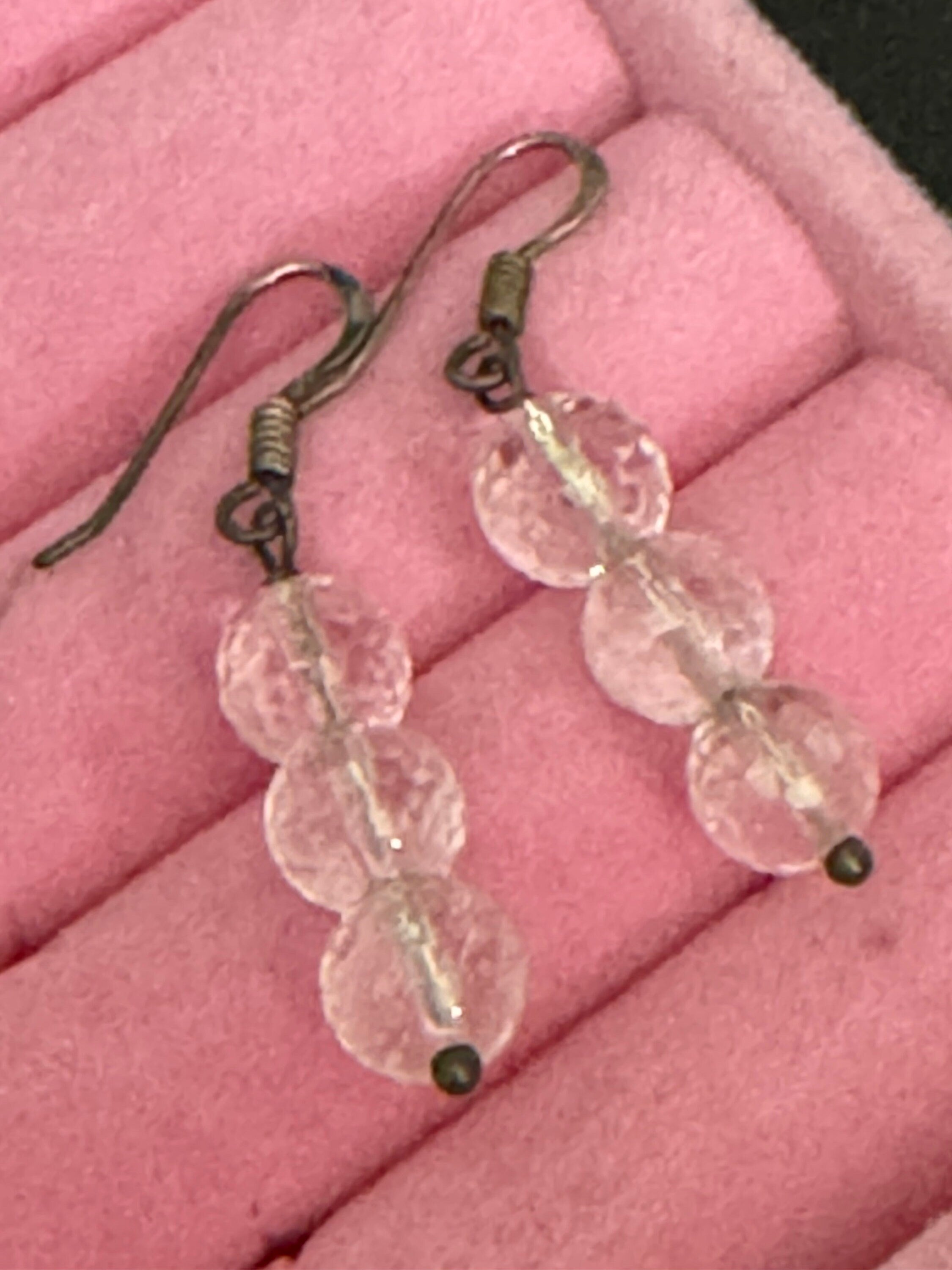 Vintage handmade 925 sterling silver ckear faceted beaded crystal drop earrings pierced ears modernist