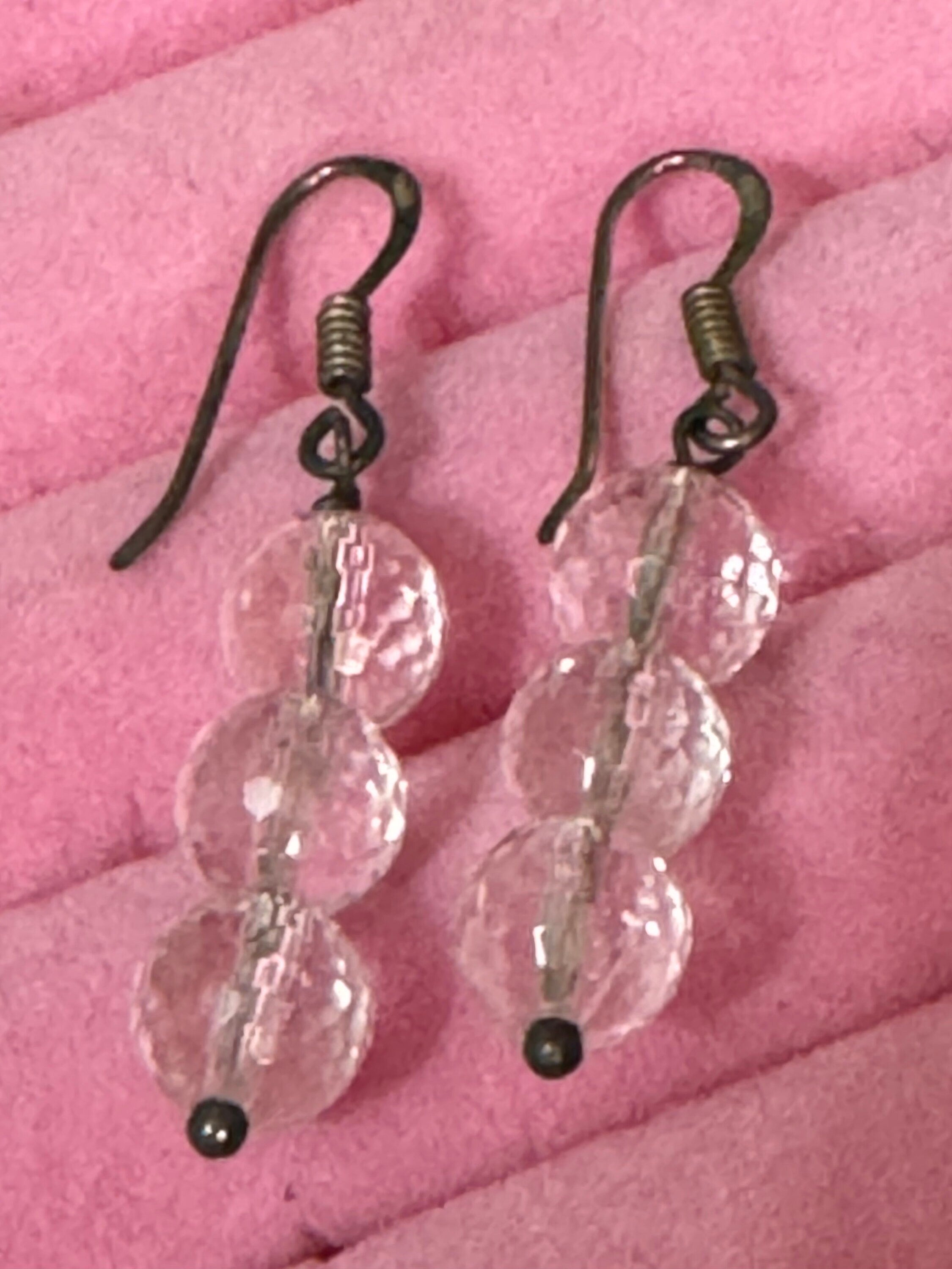 Vintage handmade 925 sterling silver ckear faceted beaded crystal drop earrings pierced ears modernist