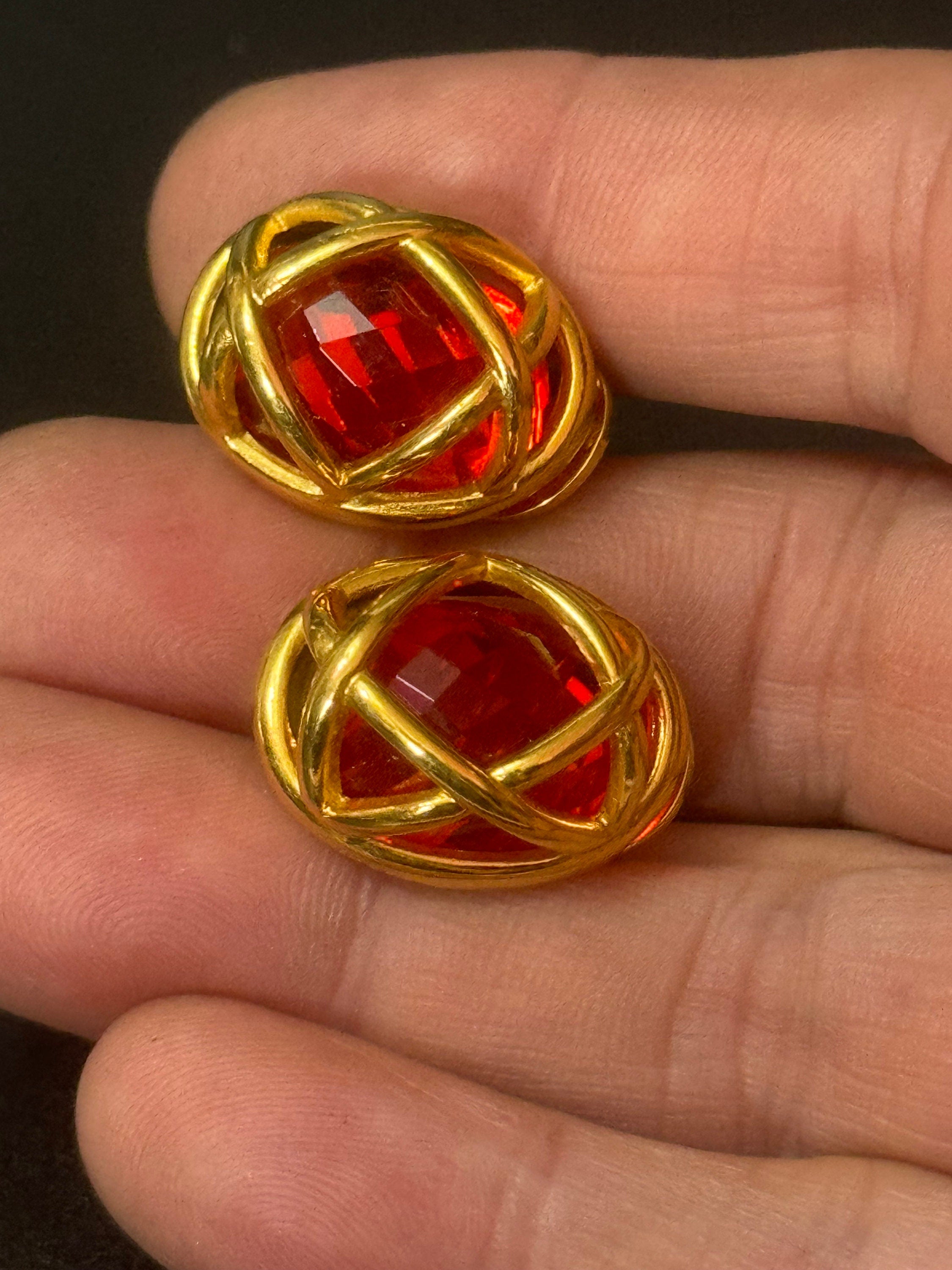 Signed Joan Rivers Ruby Red Cabochon Gold Tone Caged Earrings