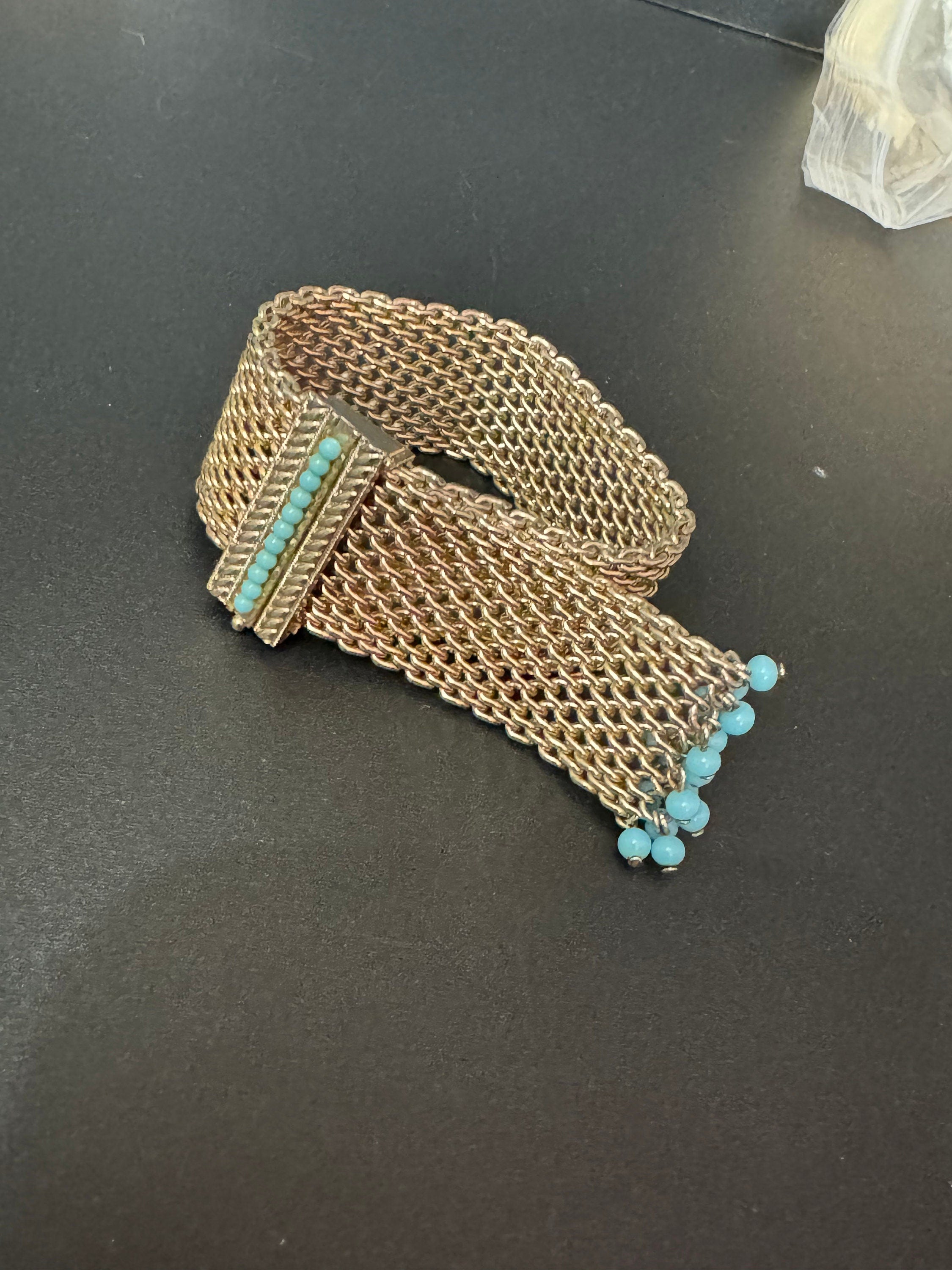 Mid century modernist gold and turquoise paste gem set wide mesh tassel bracelet 1960s 1970s Brutalist abstract