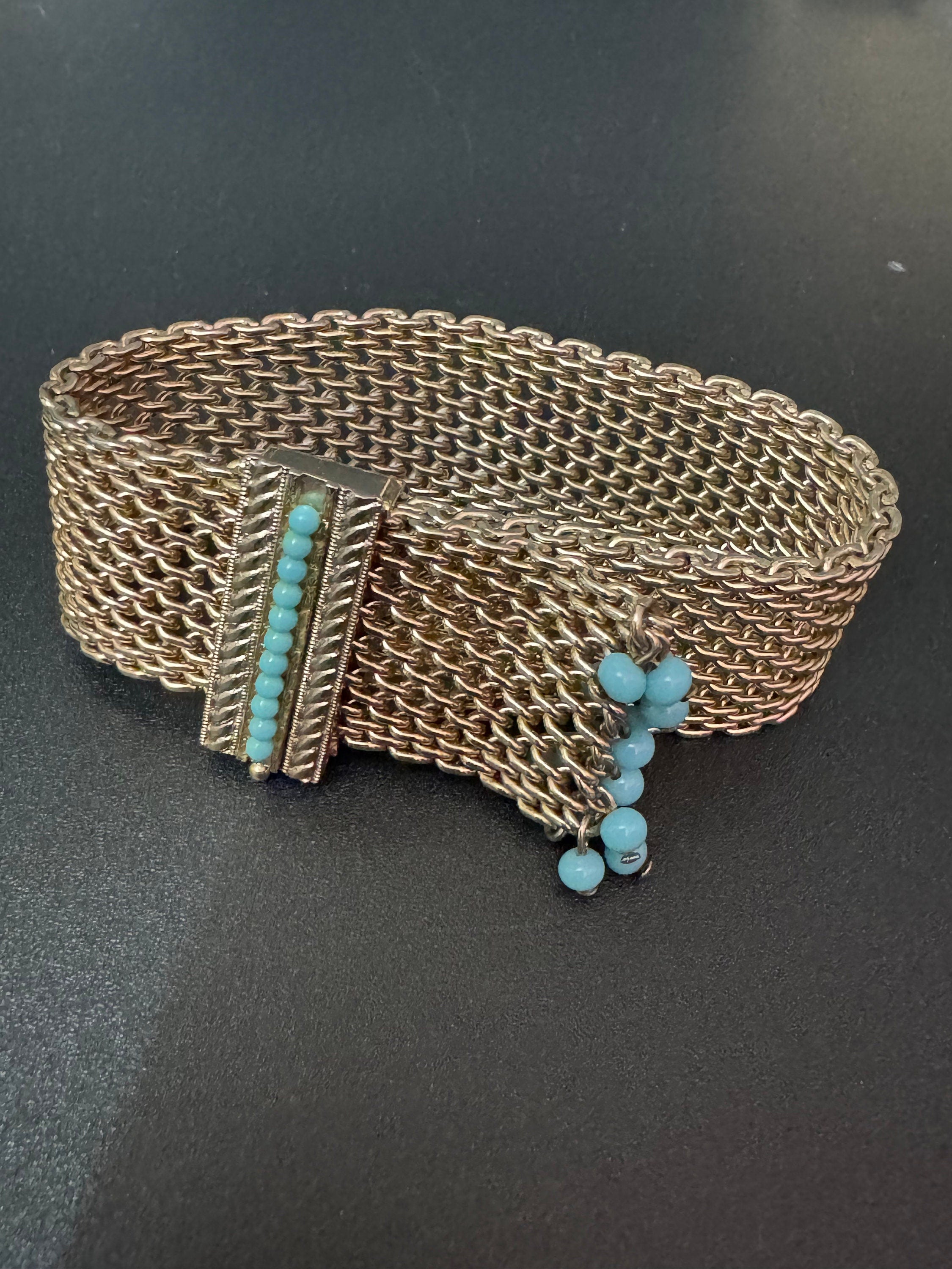 Mid century modernist gold and turquoise paste gem set wide mesh tassel bracelet 1960s 1970s Brutalist abstract