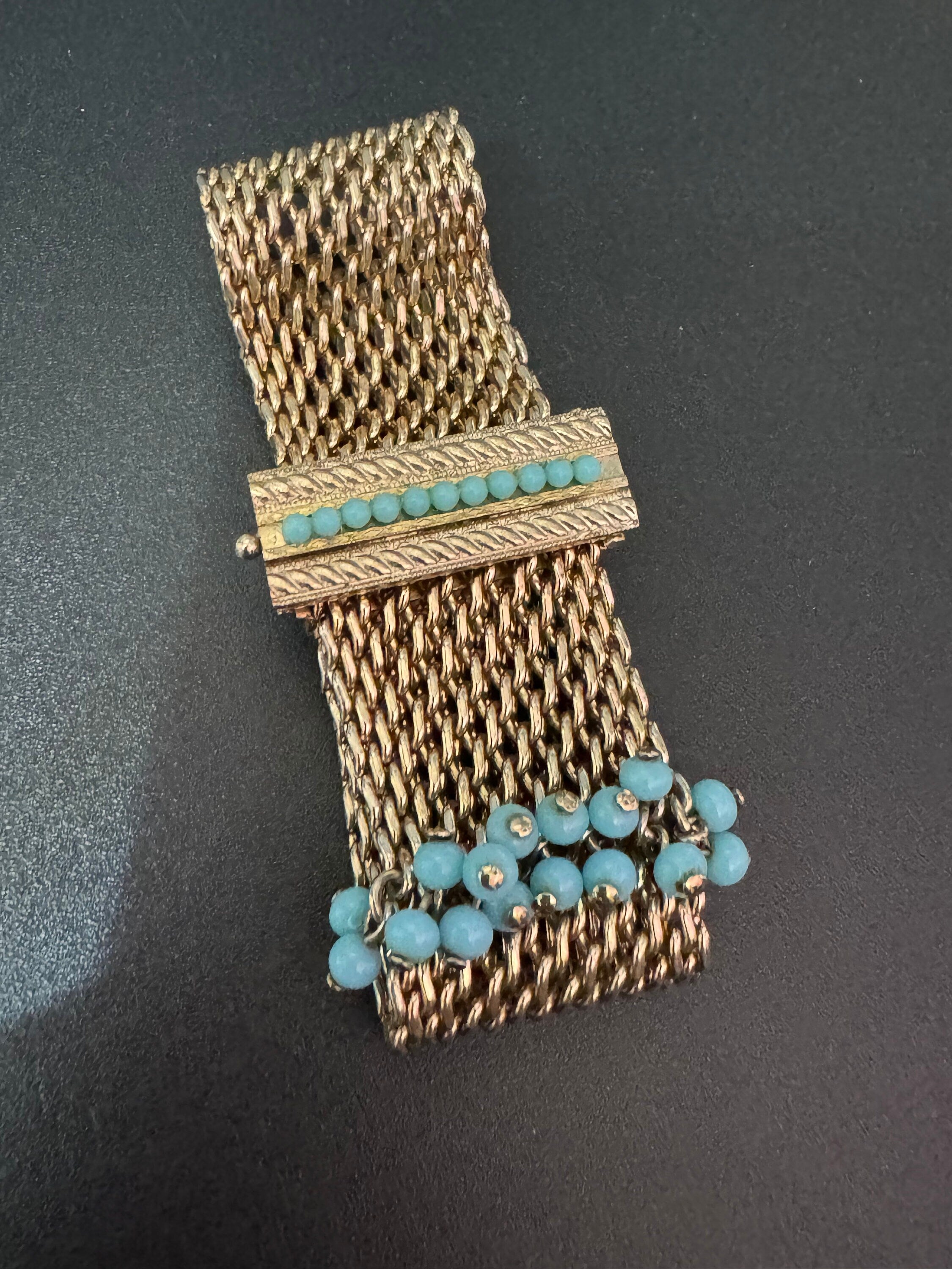 Mid century modernist gold and turquoise paste gem set wide mesh tassel bracelet 1960s 1970s Brutalist abstract