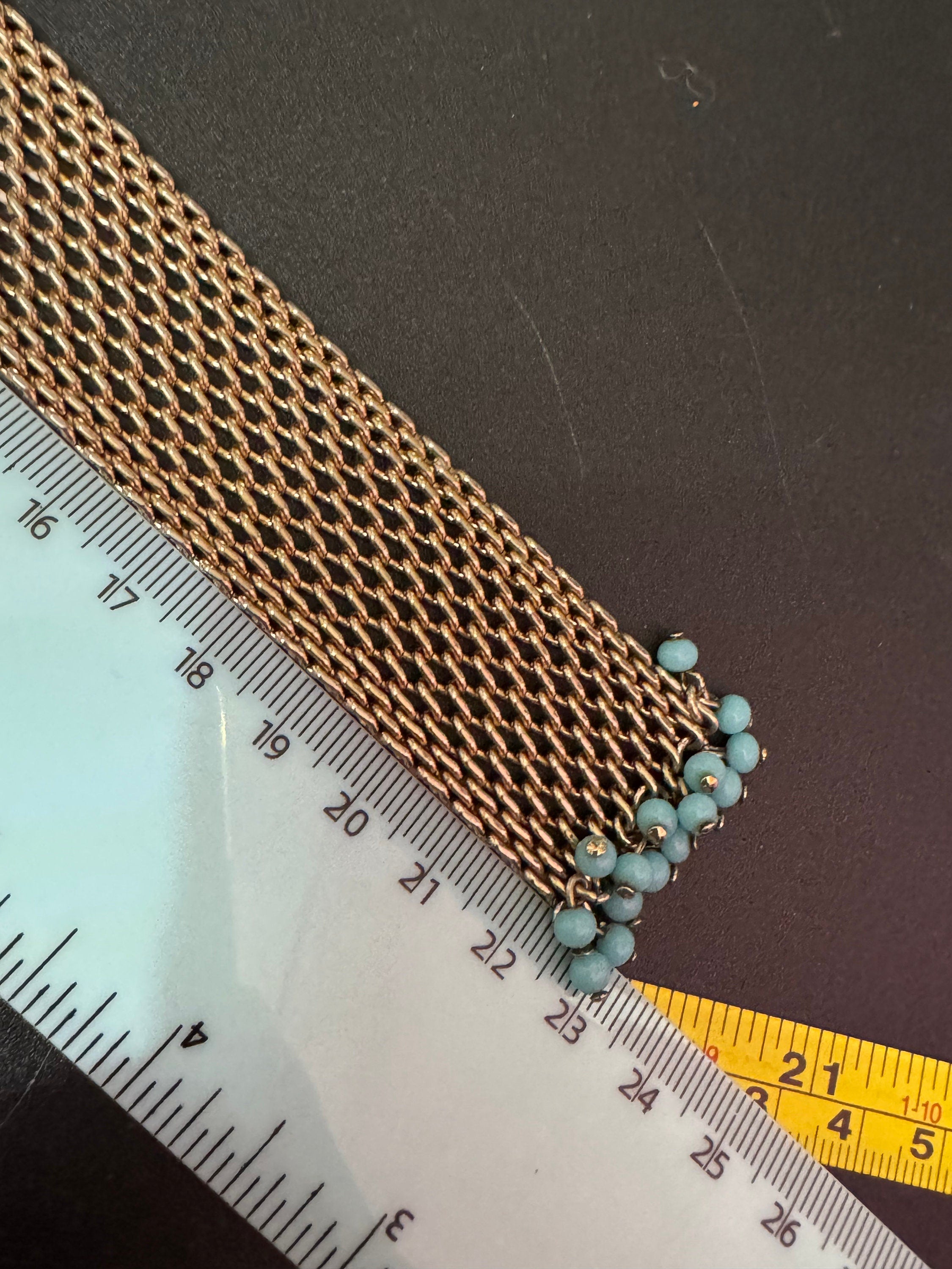 Mid century modernist gold and turquoise paste gem set wide mesh tassel bracelet 1960s 1970s Brutalist abstract