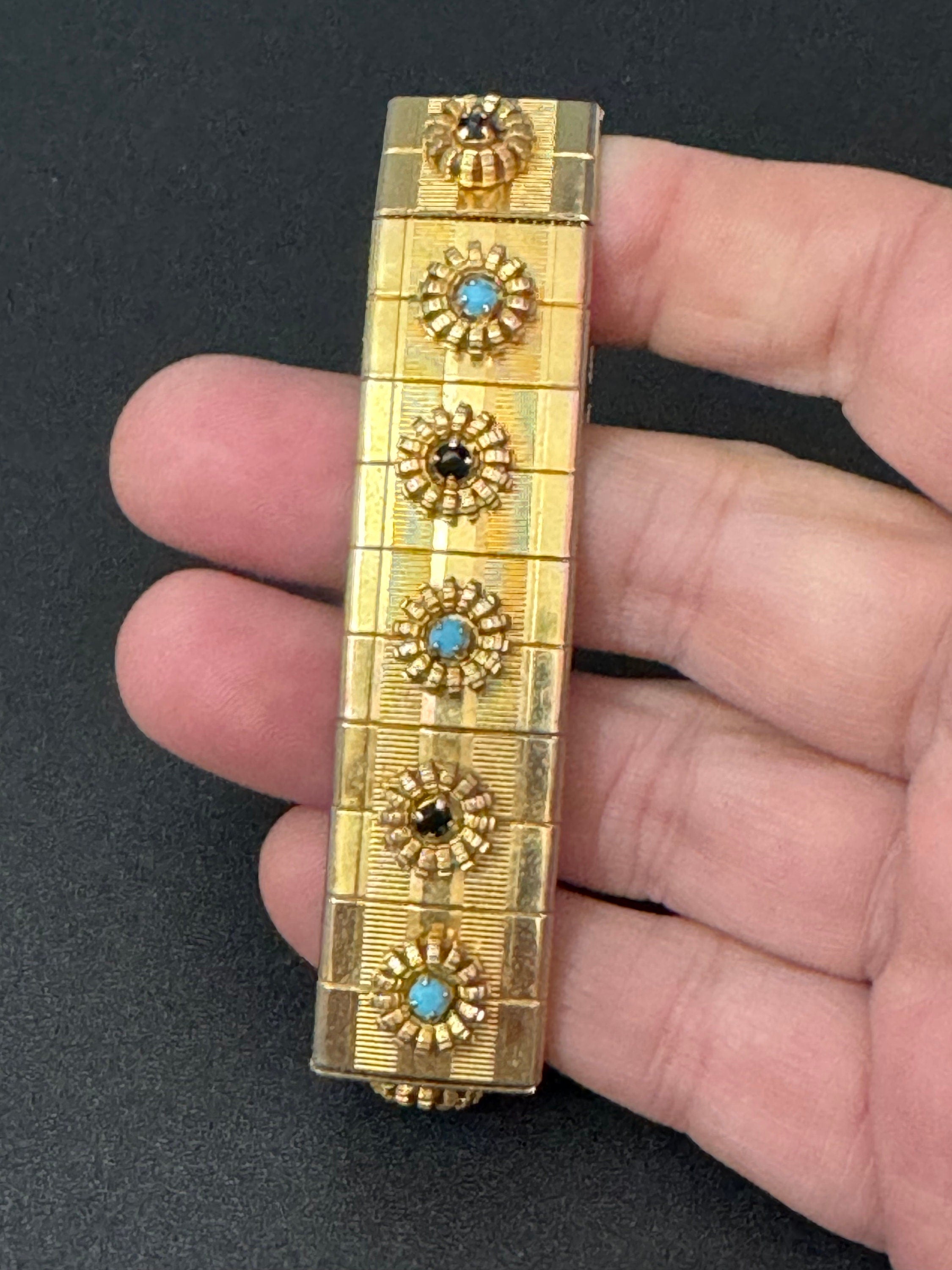 Mid century modernist gold black and turquoise paste gem set wide cuff bracelet 1960s 1970s Brutalist abstract
