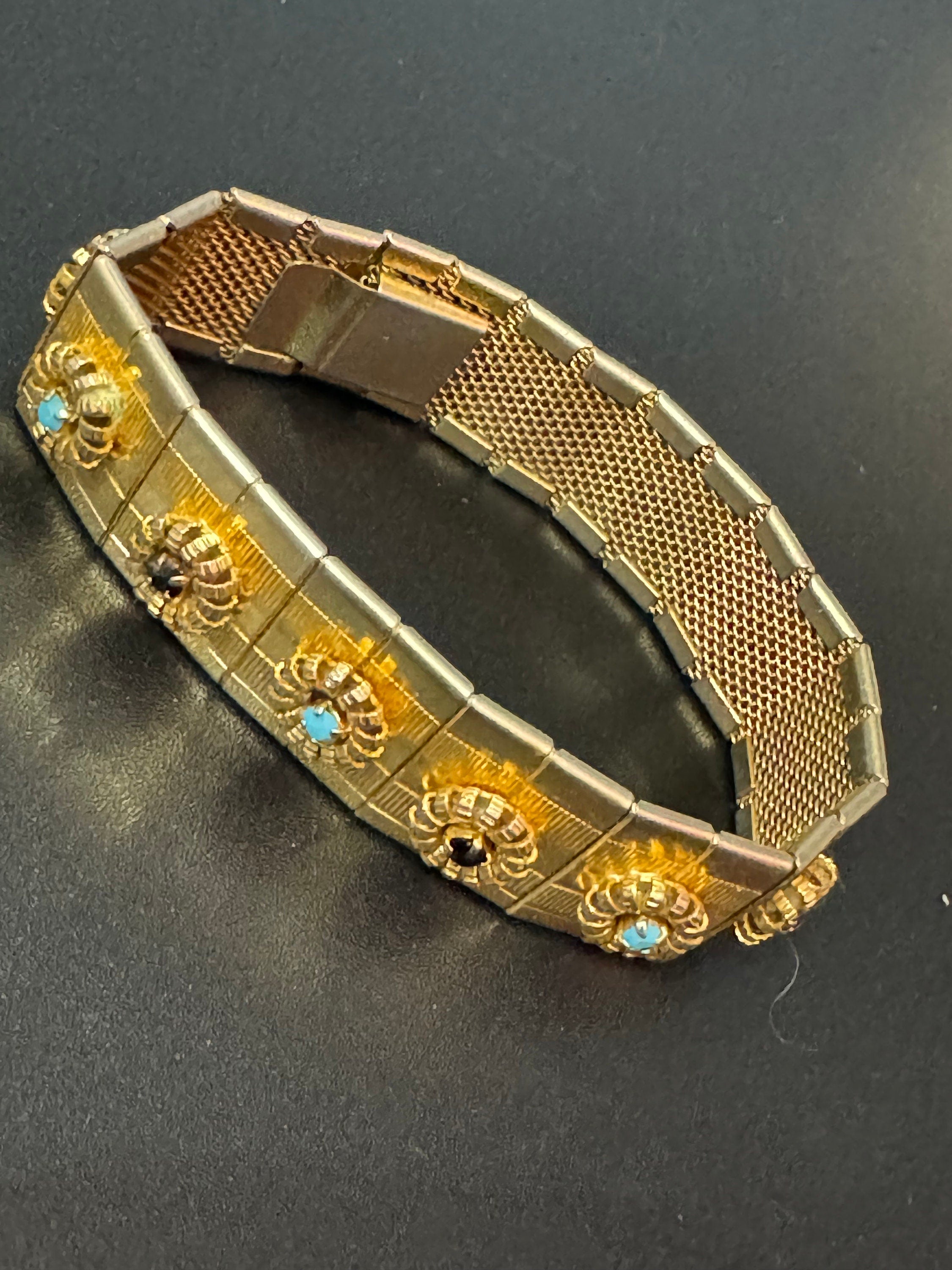 Mid century modernist gold black and turquoise paste gem set wide cuff bracelet 1960s 1970s Brutalist abstract