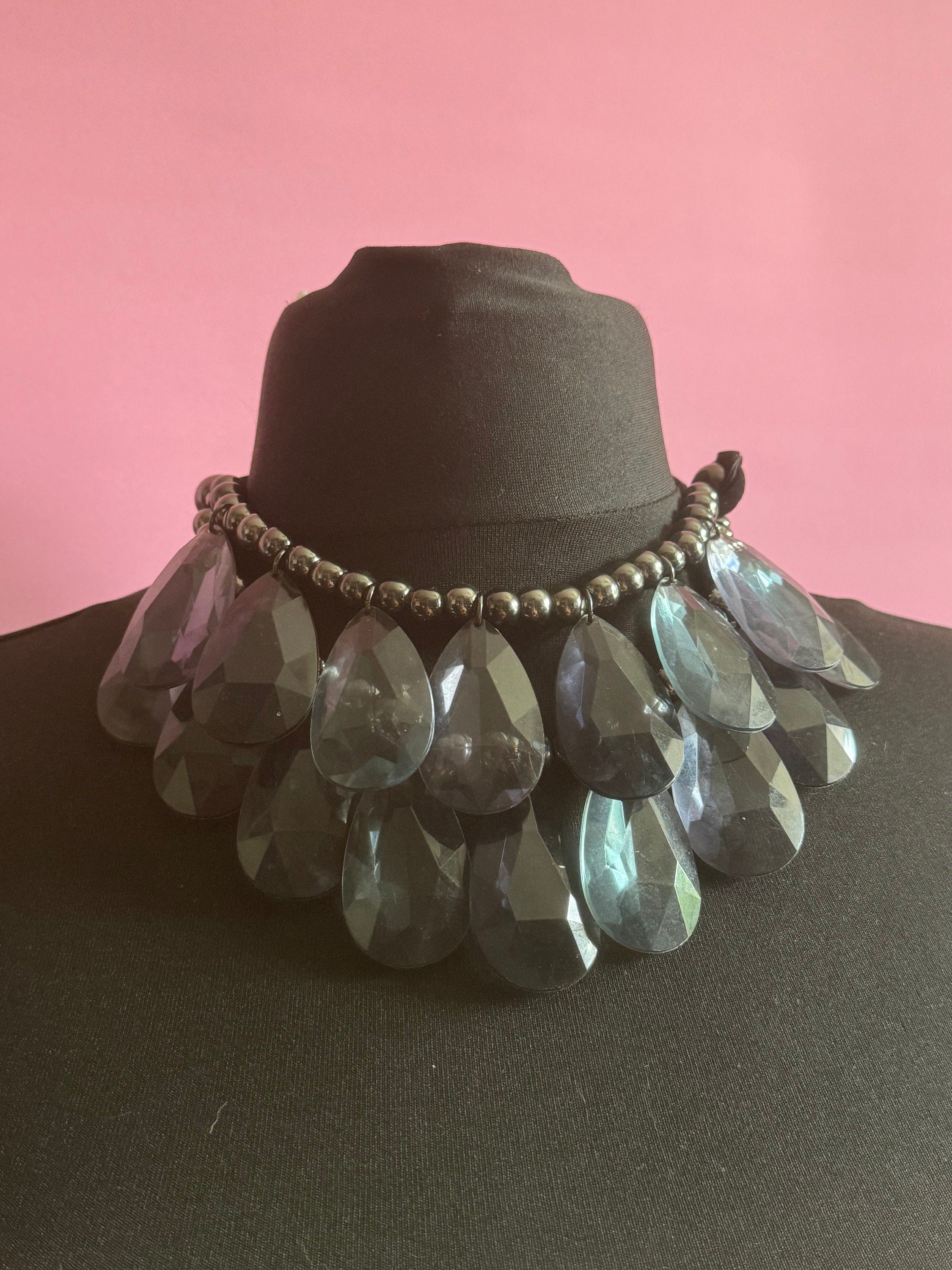 Signed Joan Rivers huge chunky blue grey Acrylic teardrop bib collar necklace