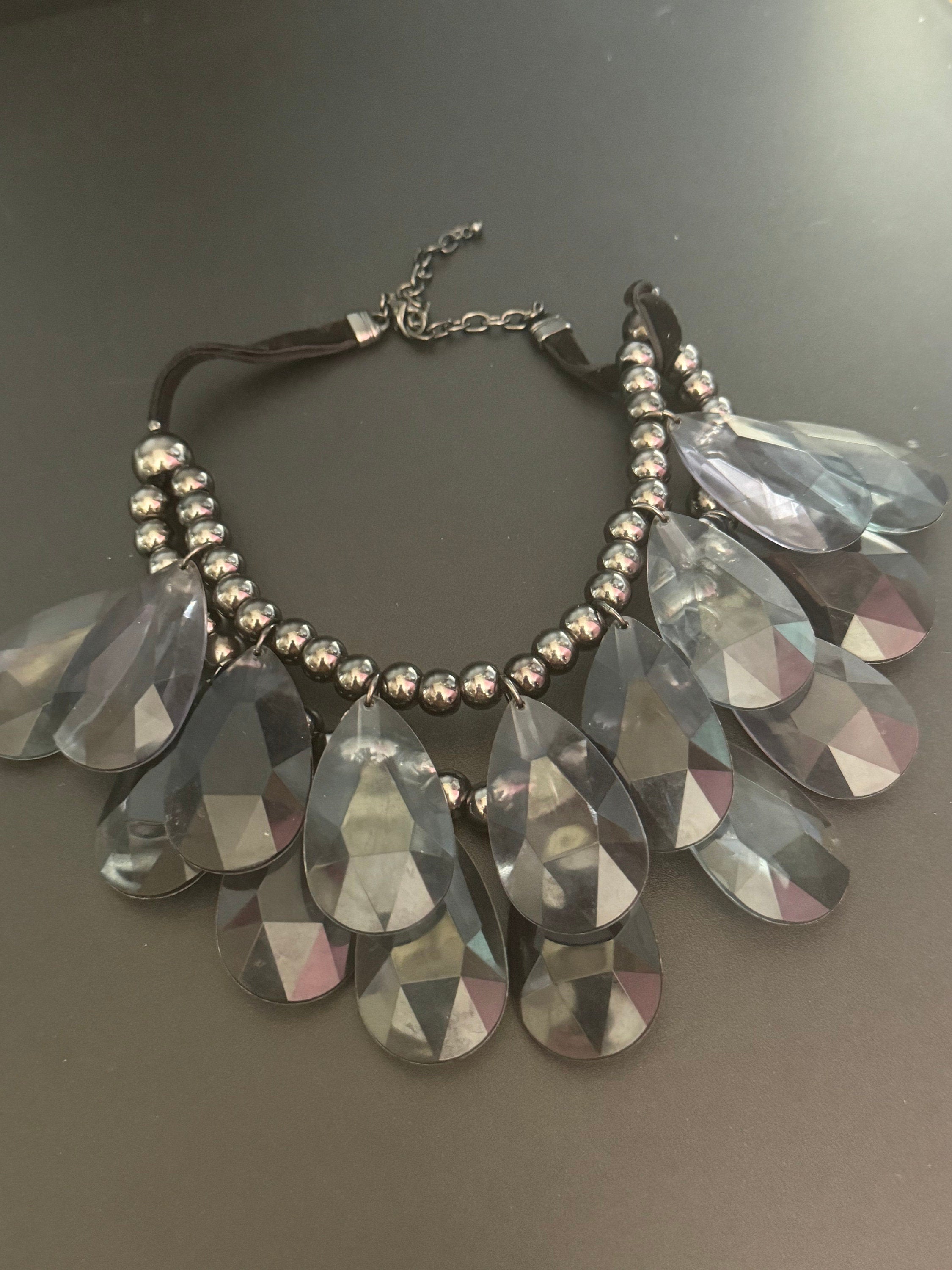 Signed Joan Rivers huge chunky blue grey Acrylic teardrop bib collar necklace