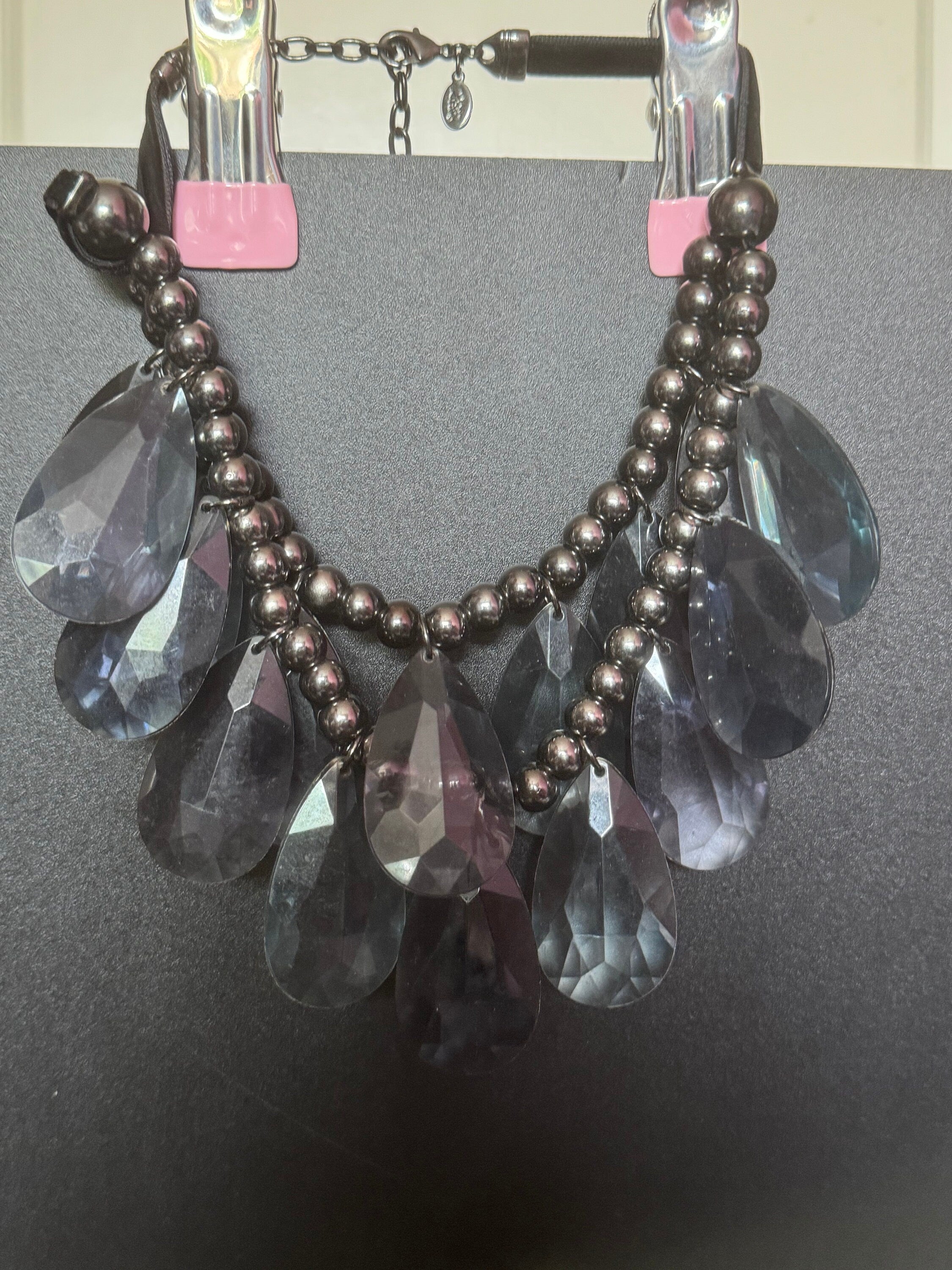 Signed Joan Rivers huge chunky blue grey Acrylic teardrop bib collar necklace
