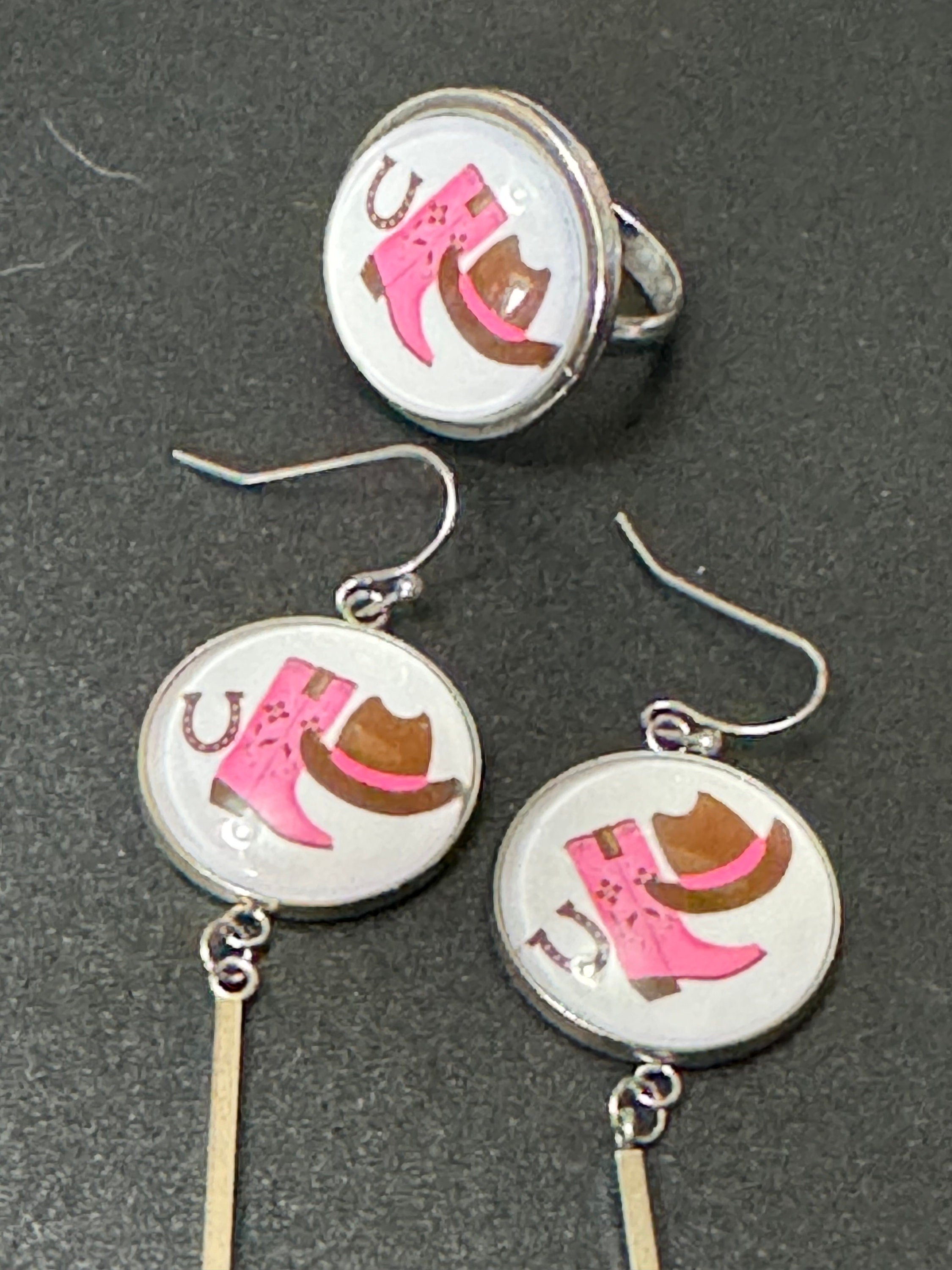 Pink Cowgirl Ring: Western Cowboy Boots & Hat, Adjustable Stainless Steel