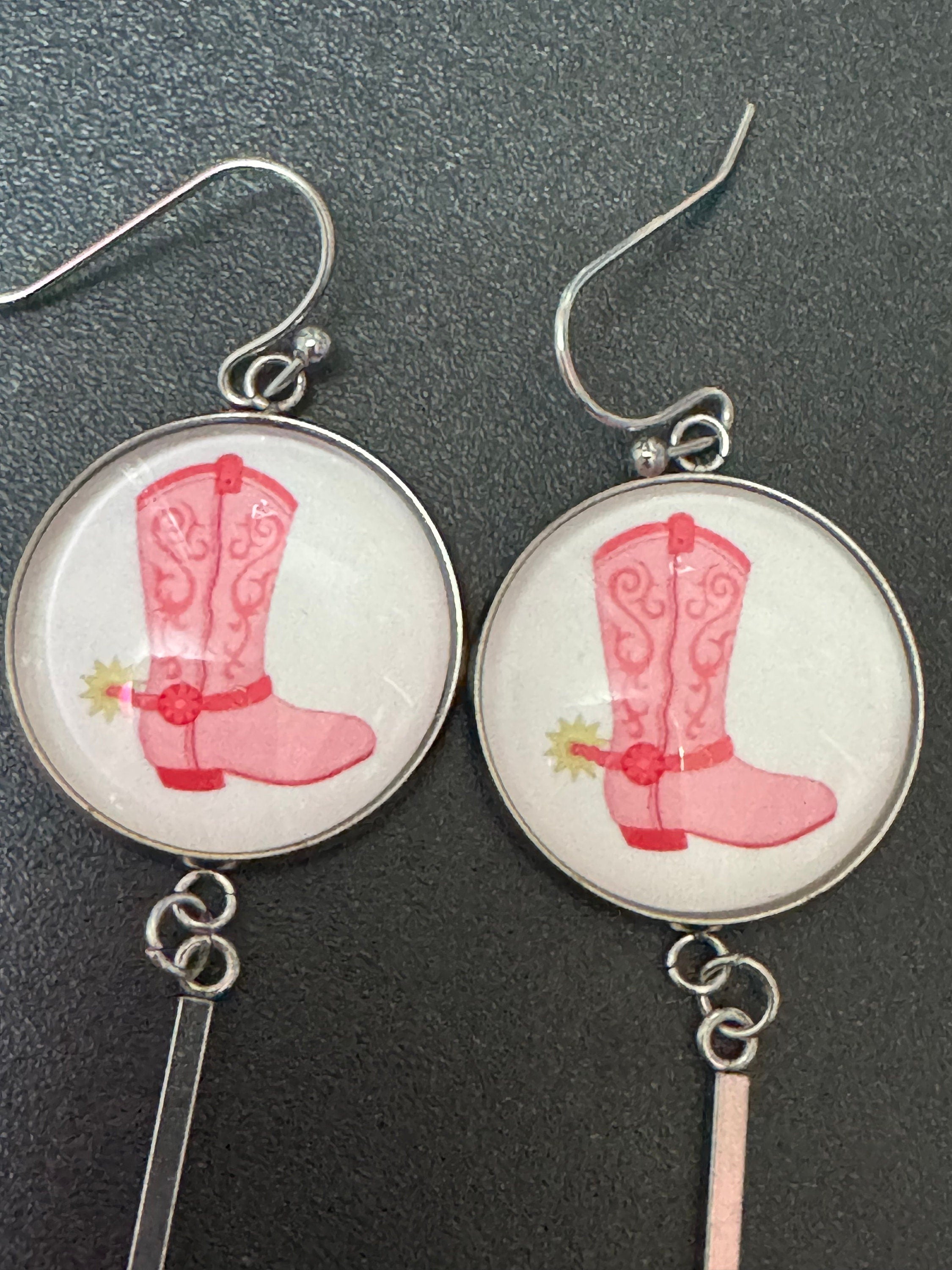 Cowboy boots cowgirl long dangly pierced earrings stainless steel so no tarnish
