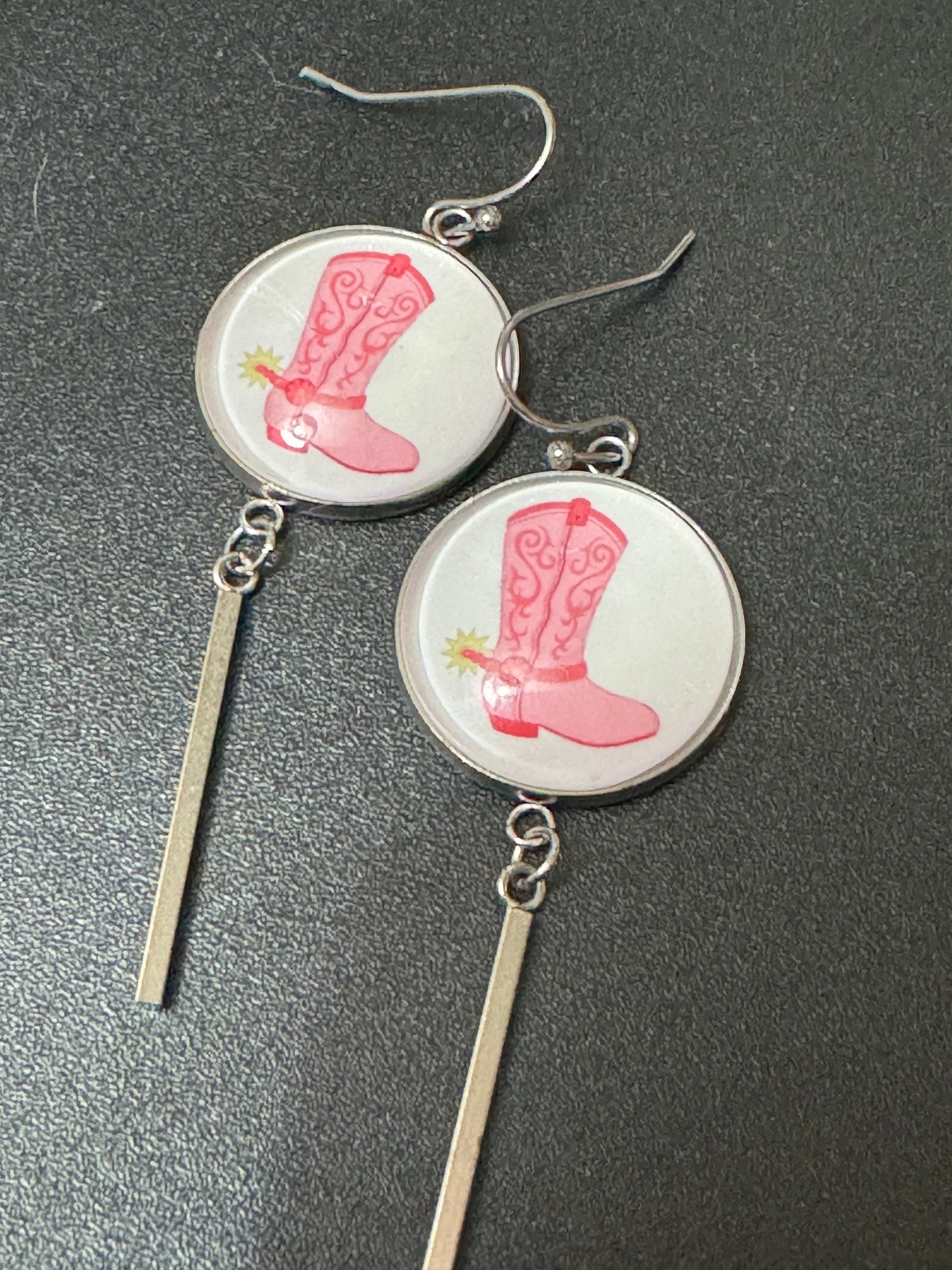 Cowboy boots cowgirl long dangly pierced earrings stainless steel so no tarnish