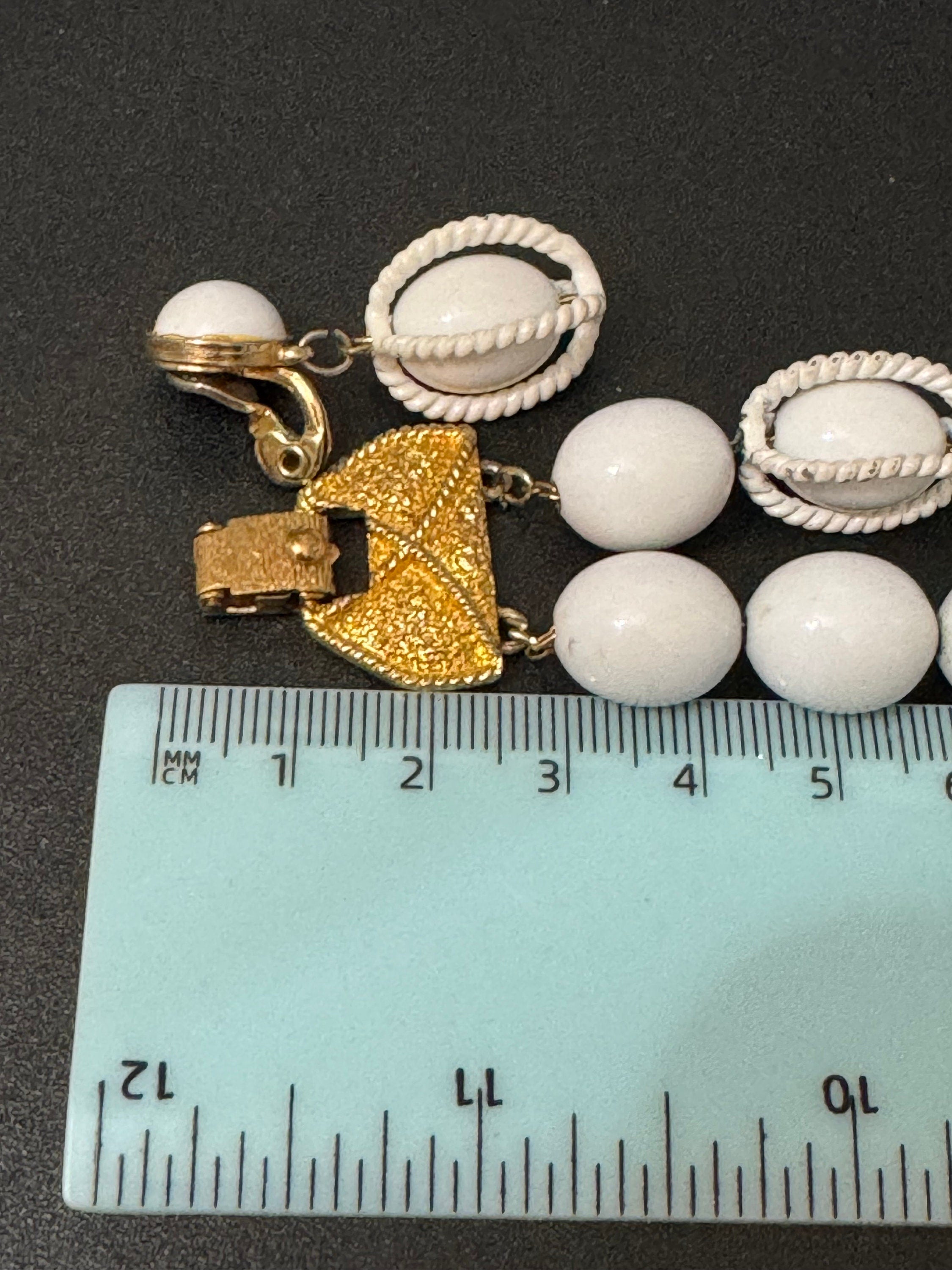 Vintage Monet signed white beaded nautical style clip on earring and bracelet jewellery set