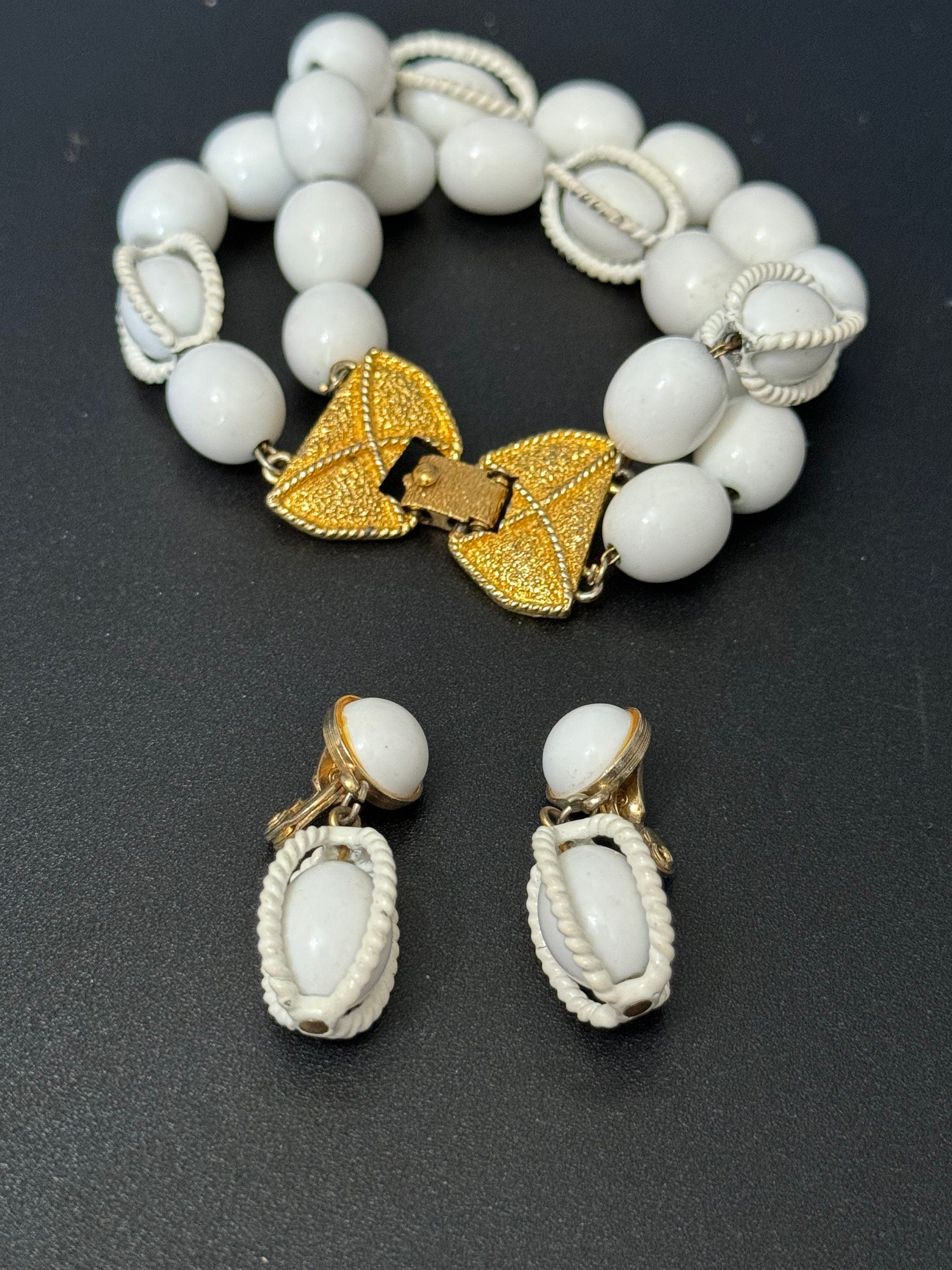 Vintage Monet signed white beaded nautical style clip on earring and bracelet jewellery set